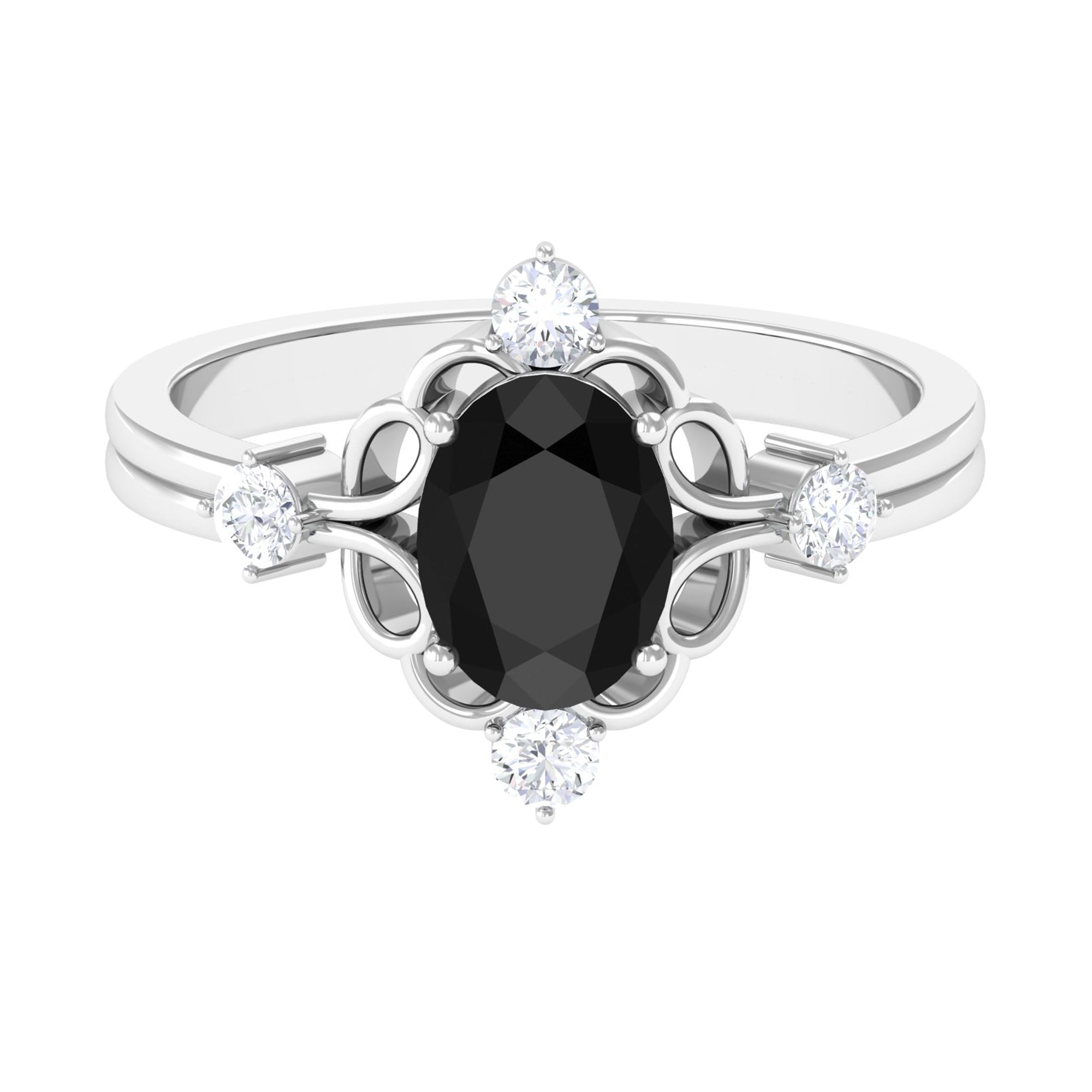 Oval Black Spinel Cocktail Ring with Diamond Black Spinel - ( AAA ) - Quality - Rosec Jewels