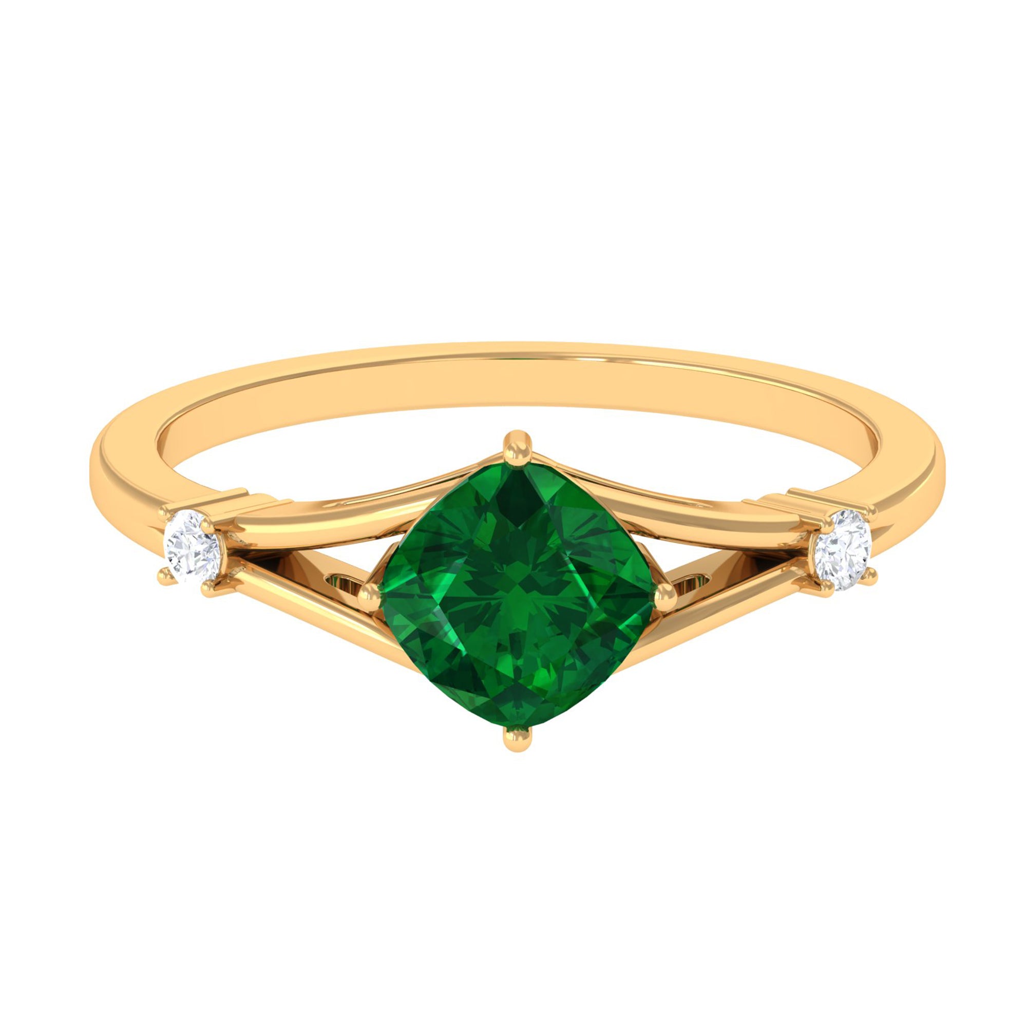 1 CT Cushion Cut Created Emerald Engagement Ring with Diamond in Split Shank Lab Created Emerald - ( AAAA ) - Quality - Rosec Jewels