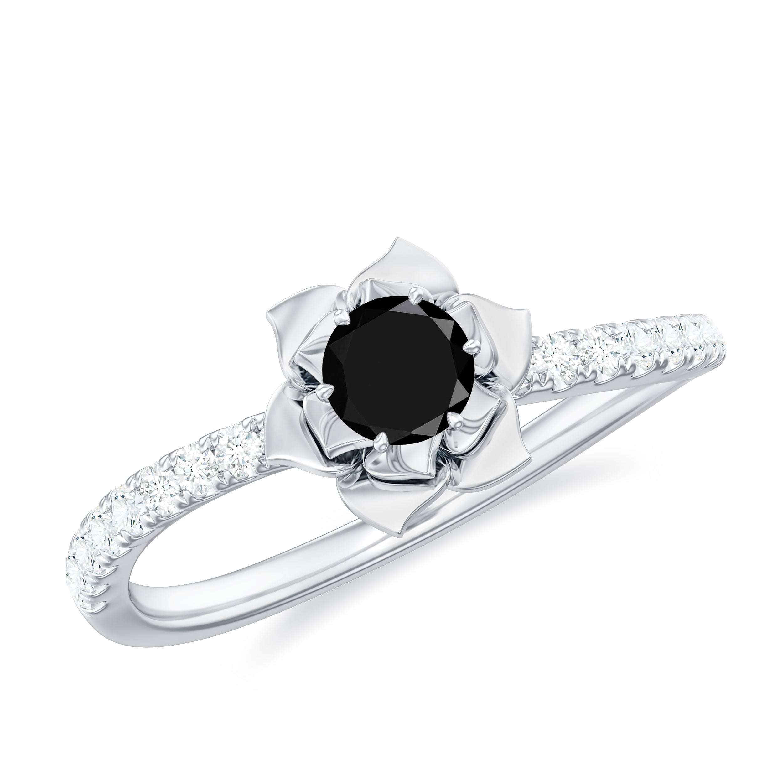 1/2 CT Black Spinel and Diamond Flower Engagement Ring Black Spinel - ( AAA ) - Quality - Rosec Jewels
