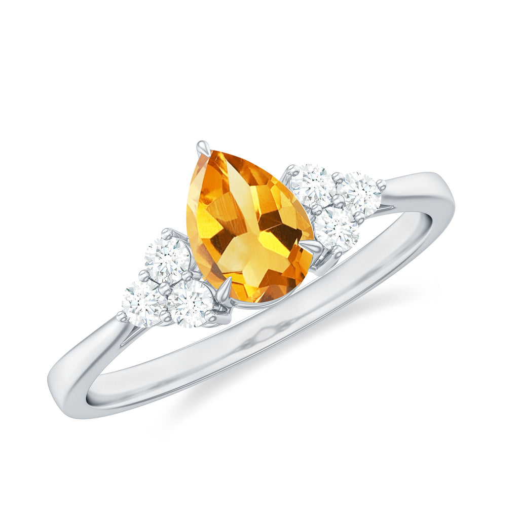 Pear Cut Real Citrine Solitaire Ring with Diamond Trio Citrine - ( AAA ) - Quality - Rosec Jewels