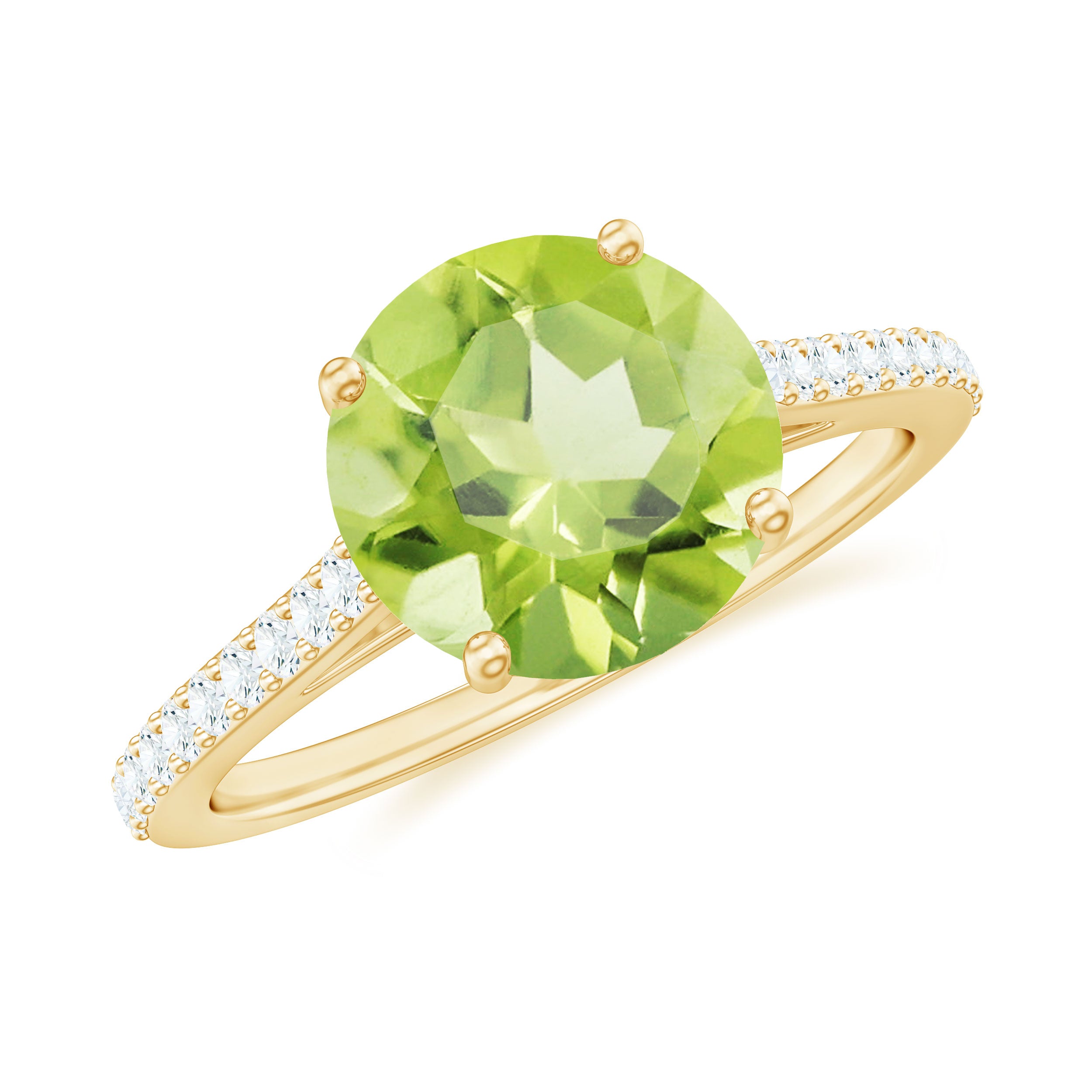 Round Peridot Solitaire Engagement Ring with Diamond Side Stones Peridot - ( AAA ) - Quality - Rosec Jewels