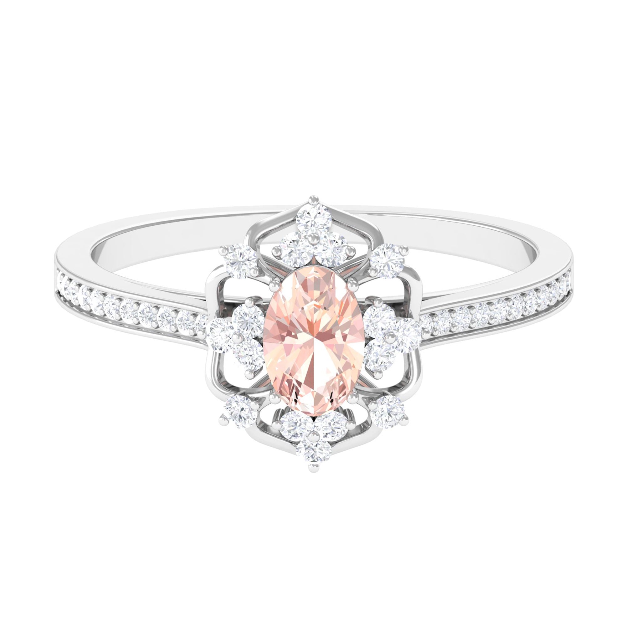 Vintage Inspired Morganite Floral Engagement Ring with Diamond Morganite - ( AAA ) - Quality - Rosec Jewels