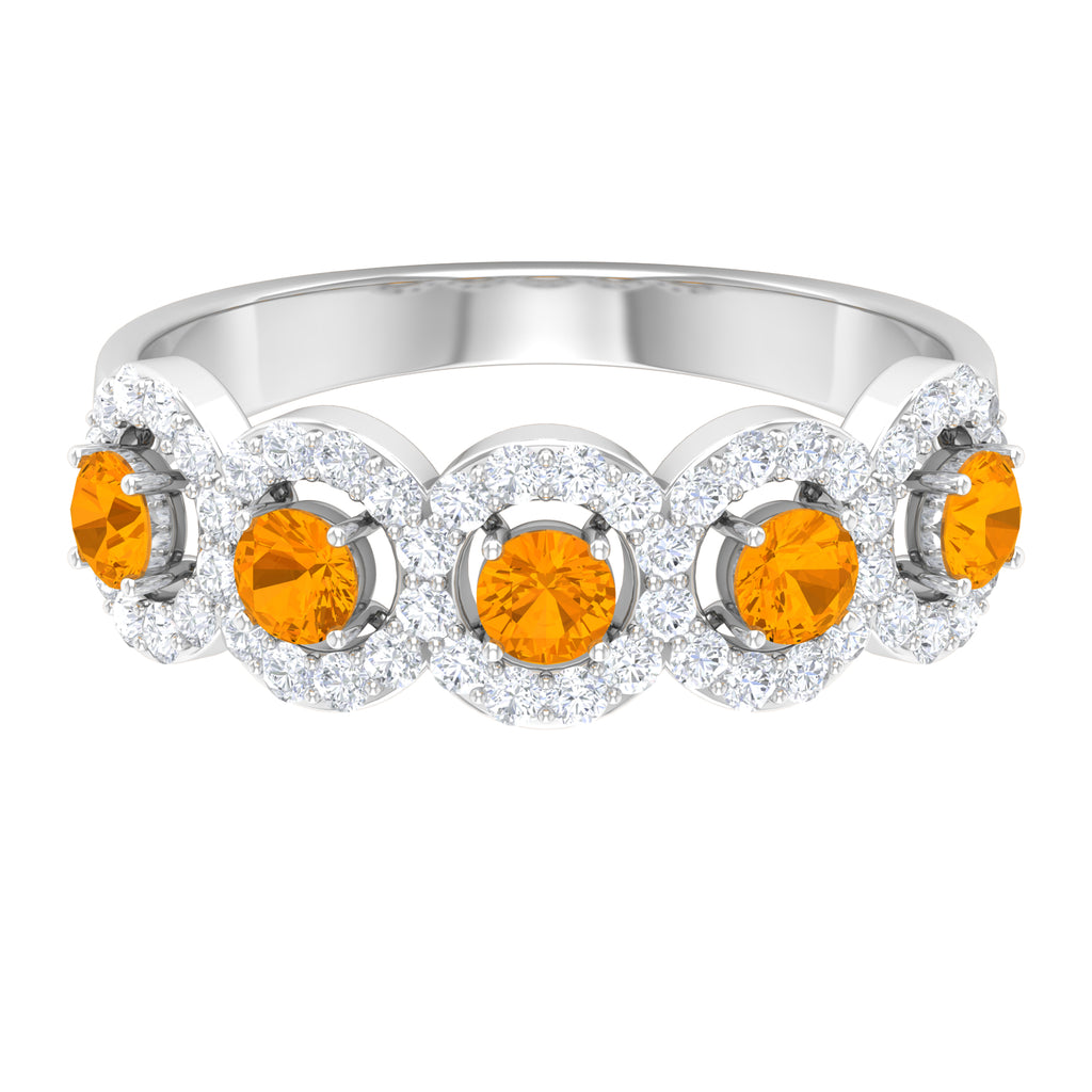 1.50 CT Round Shape Orange Sapphire and Diamond Halo Classic Half Eternity Ring Orange Sapphire - ( AAA ) - Quality - Rosec Jewels