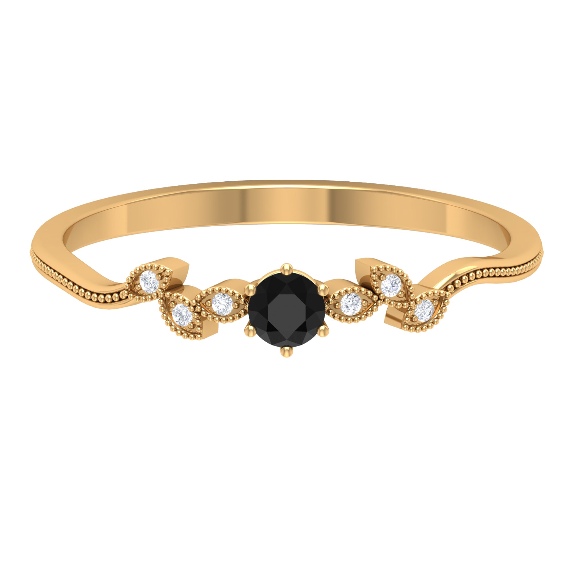 Round Black Spinel Minimal Leaf Promise Ring with Diamond in Gold Black Spinel - ( AAA ) - Quality - Rosec Jewels