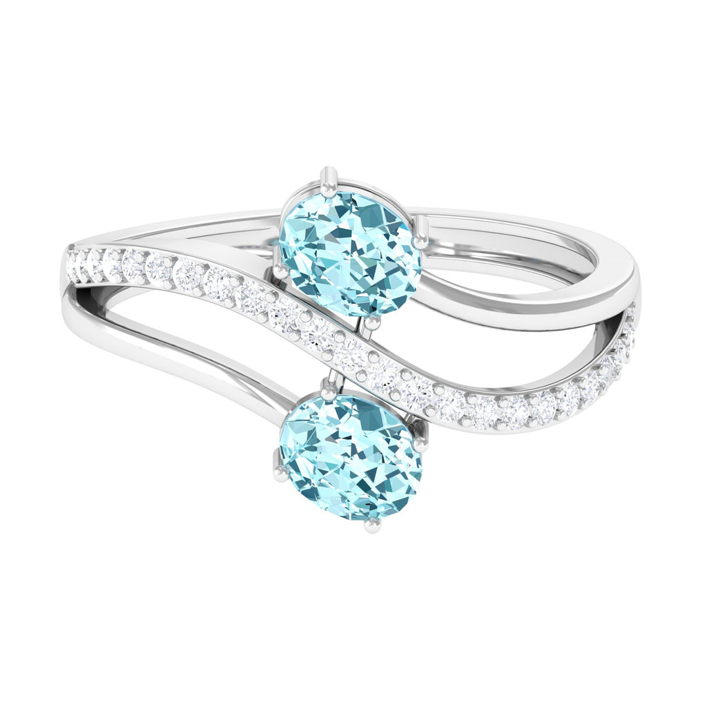 Two Stone Bypass Aquamarine Engagement Ring with Diamond Aquamarine - ( AAA ) - Quality - Rosec Jewels