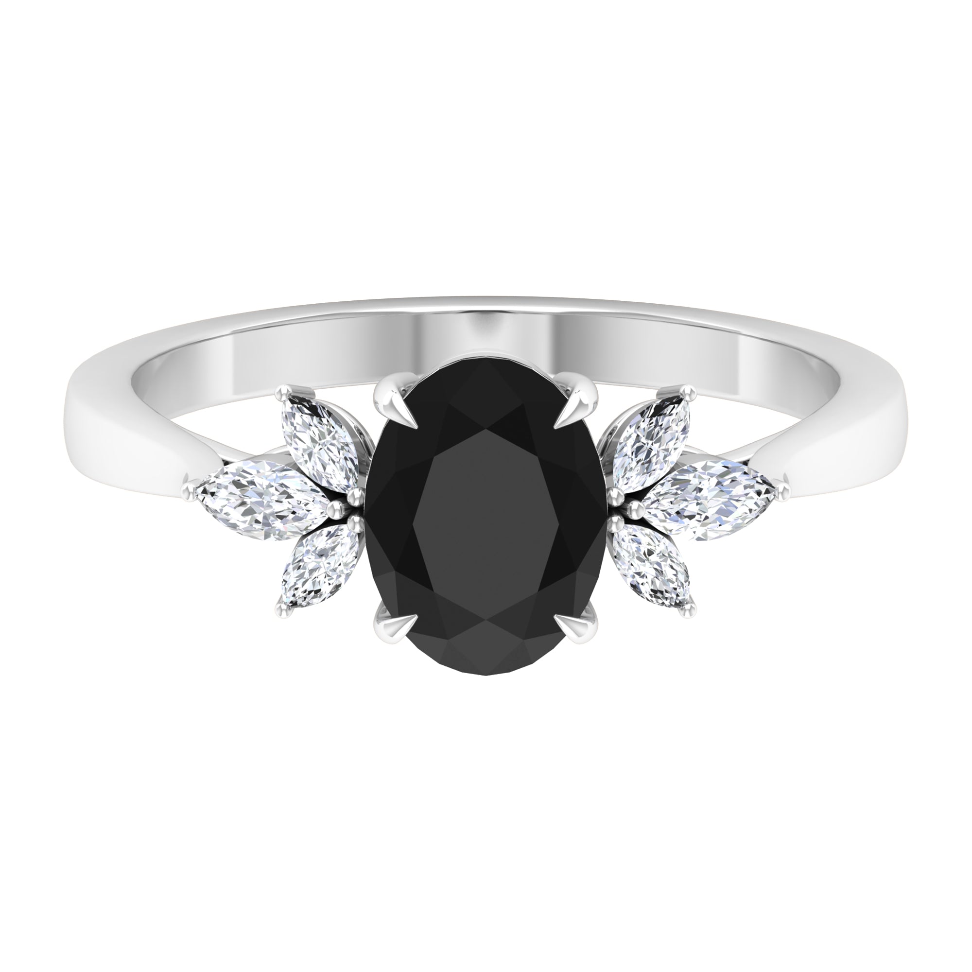 Claw Set Black Spinel Solitaire Ring with Marquise Diamond Trio Black Spinel - ( AAA ) - Quality - Rosec Jewels