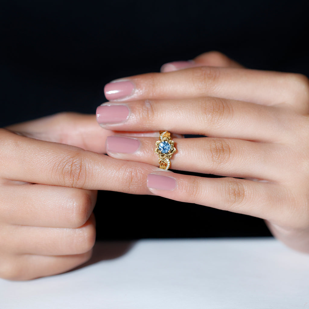 Flower Inspired Aquamarine and Diamond Engagement Ring Aquamarine - ( AAA ) - Quality - Rosec Jewels