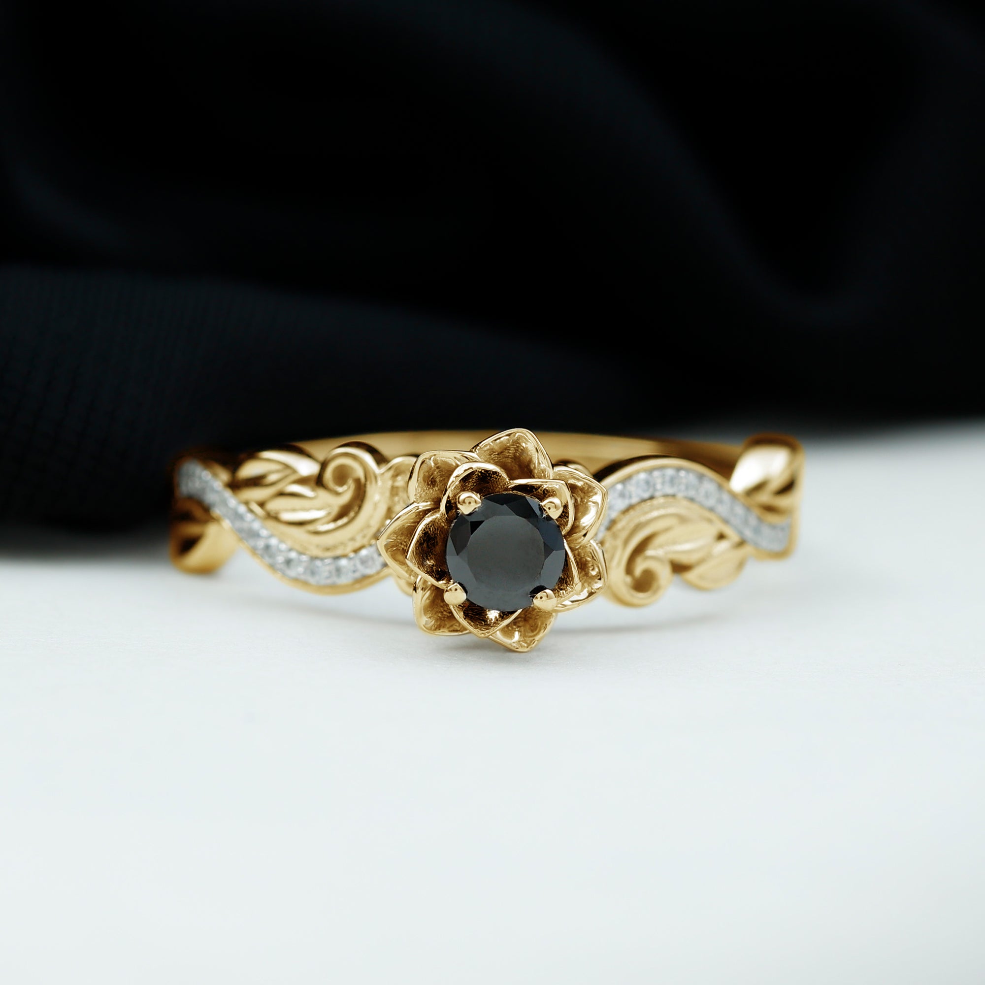 Flower Inspired Black Spinel and Diamond Engagement Ring Black Spinel - ( AAA ) - Quality - Rosec Jewels