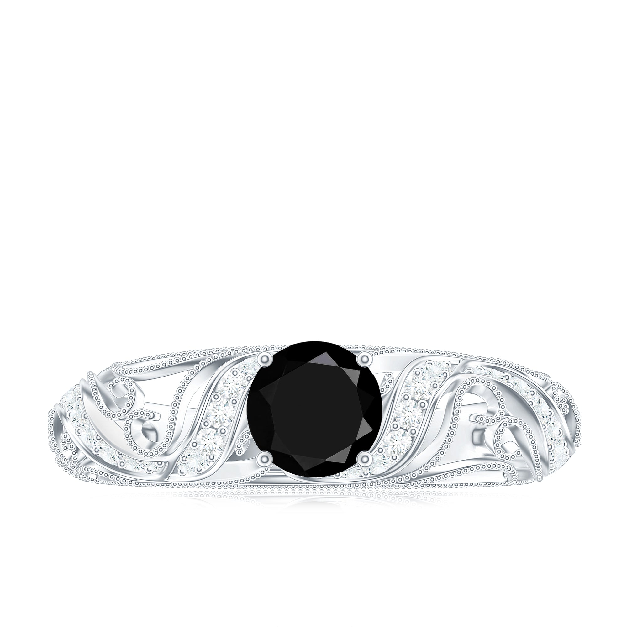 Round Black Spinel Vintage Inspired Engagement Ring with Diamond Black Spinel - ( AAA ) - Quality - Rosec Jewels