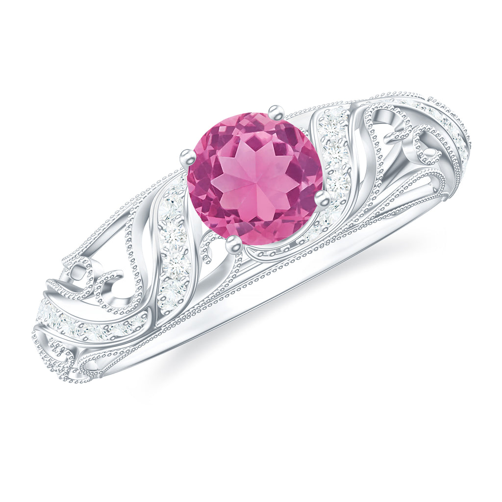 3/4 CT Vintage Style Pink Tourmaline Engagement Ring with Diamond Pink Tourmaline - ( AAA ) - Quality - Rosec Jewels