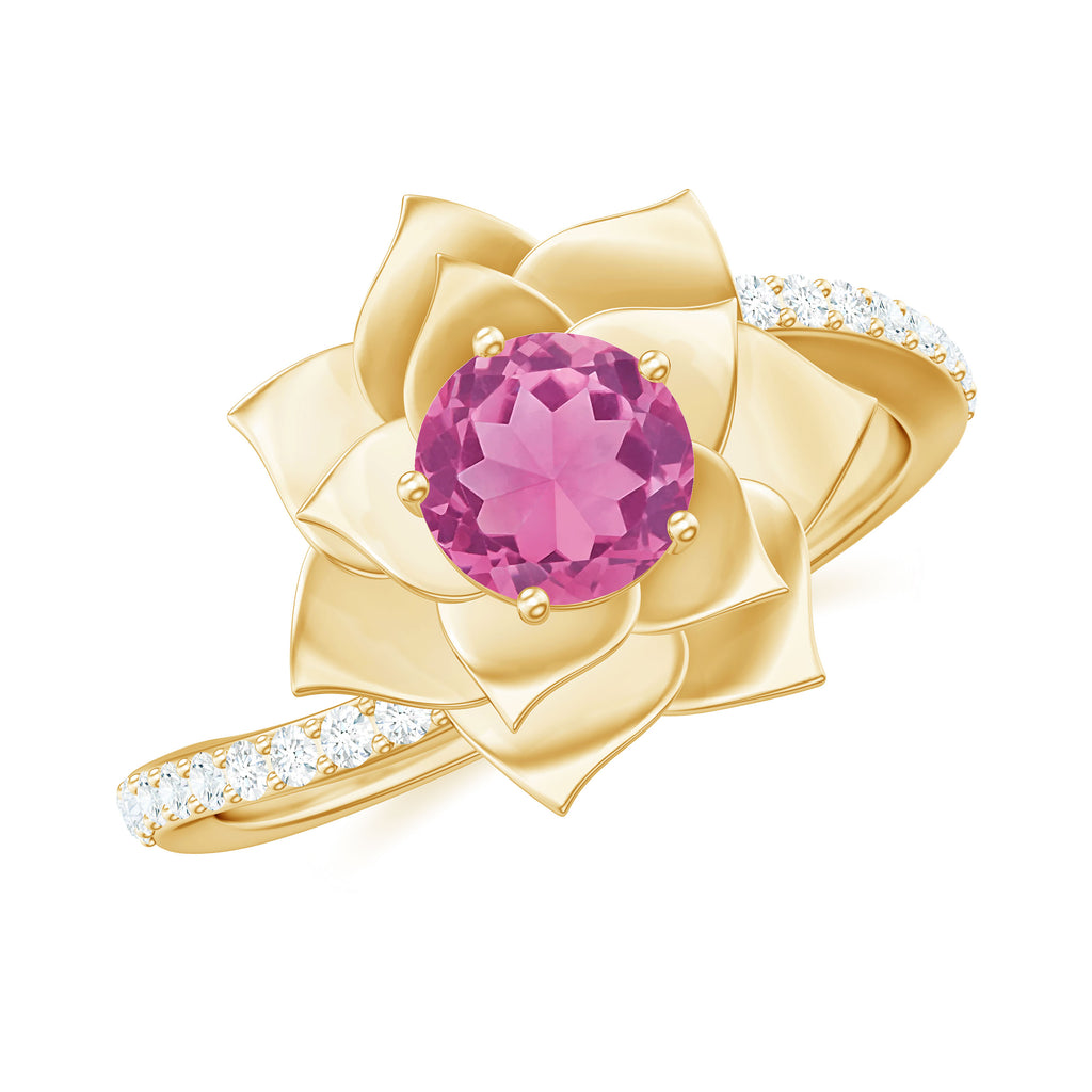 Pink Tourmaline and Diamond Flower Engagement Ring with Bypass Shank Pink Tourmaline - ( AAA ) - Quality - Rosec Jewels