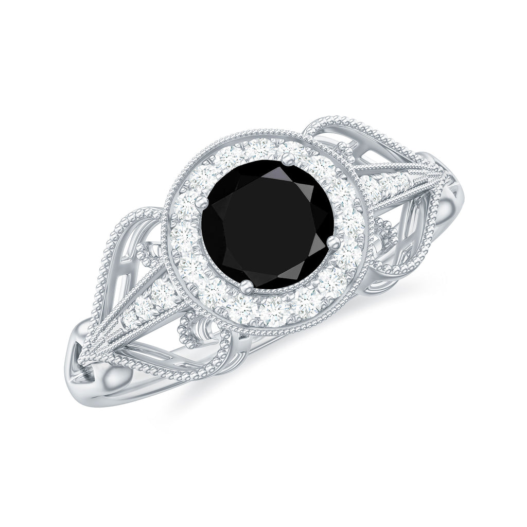 Vintage Inspired Black Spinel and Diamond Engagement Ring Black Spinel - ( AAA ) - Quality - Rosec Jewels