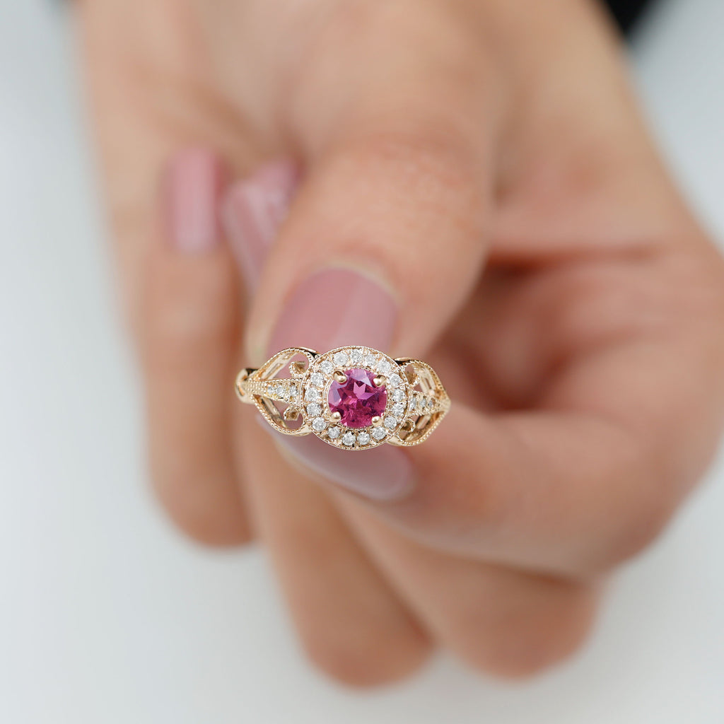 Vintage Pink Tourmaline Diamond Engagement Ring with Gold Beaded Detail Pink Tourmaline - ( AAA ) - Quality - Rosec Jewels