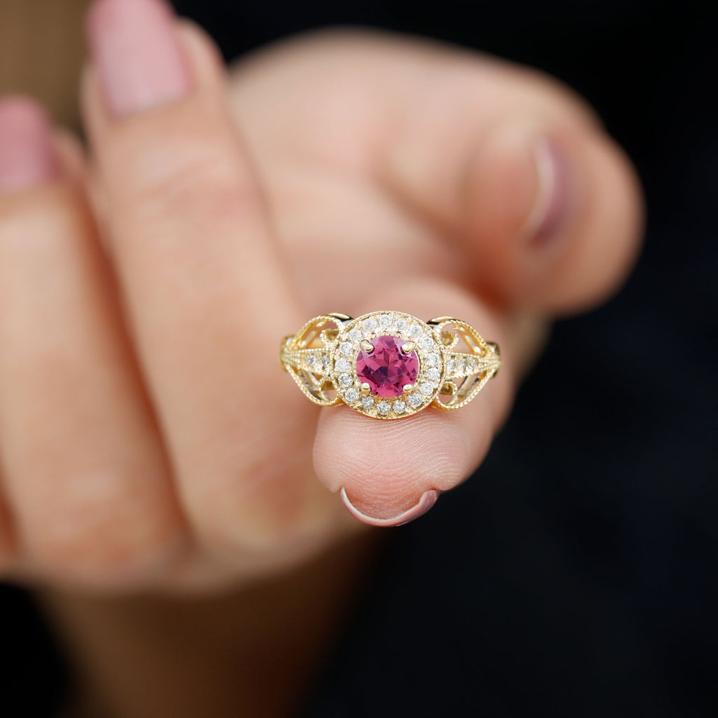 Vintage Pink Tourmaline Diamond Engagement Ring with Gold Beaded Detail Pink Tourmaline - ( AAA ) - Quality - Rosec Jewels