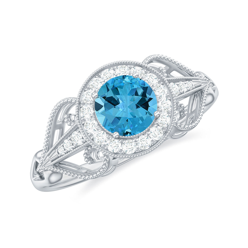 Vintage Style Real Swiss Blue Topaz and Diamond Engagement Ring Swiss Blue Topaz - ( AAA ) - Quality - Rosec Jewels