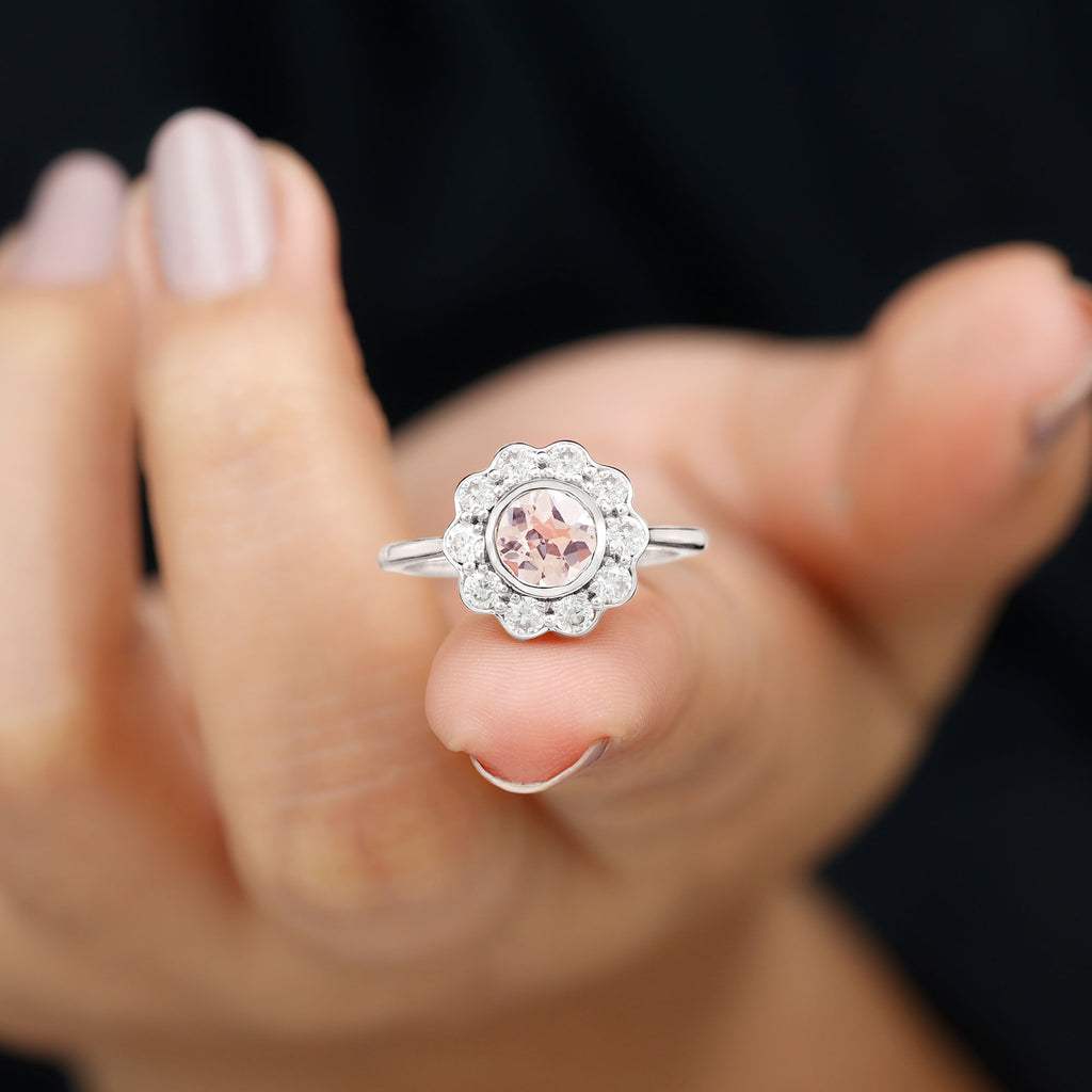 Morganite and Diamond Floral Inspired Engagement Ring Morganite - ( AAA ) - Quality - Rosec Jewels