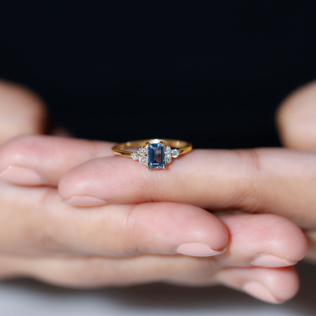 1 CT Octagon Cut Aquamarine Solitaire Ring with Diamond Trio Aquamarine - ( AAA ) - Quality - Rosec Jewels
