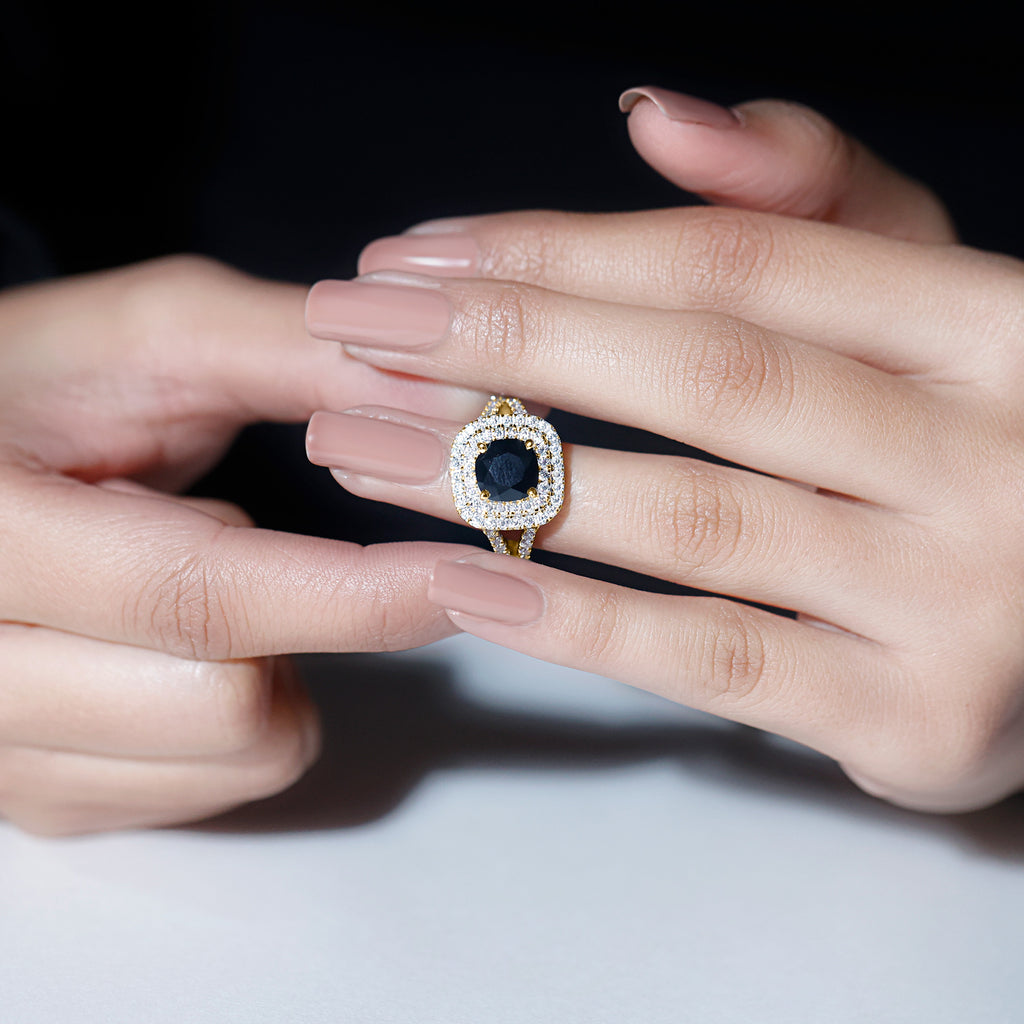 Cushion Black Onyx Vintage Inspired Halo Engagement Ring Black Onyx - ( AAA ) - Quality - Rosec Jewels