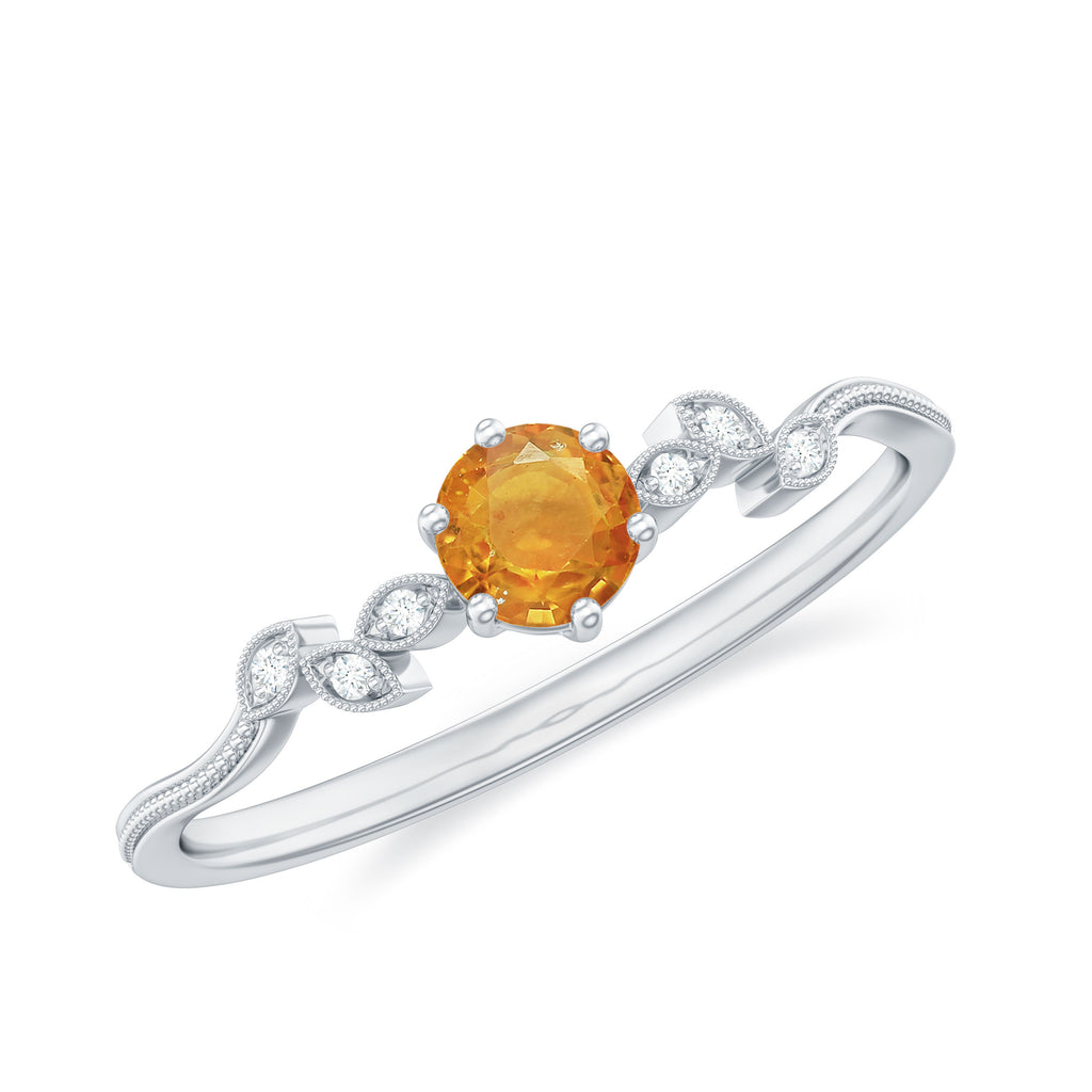 Round Orange Sapphire Minimal Leaf Promise Ring with Diamond Orange Sapphire - ( AAA ) - Quality - Rosec Jewels