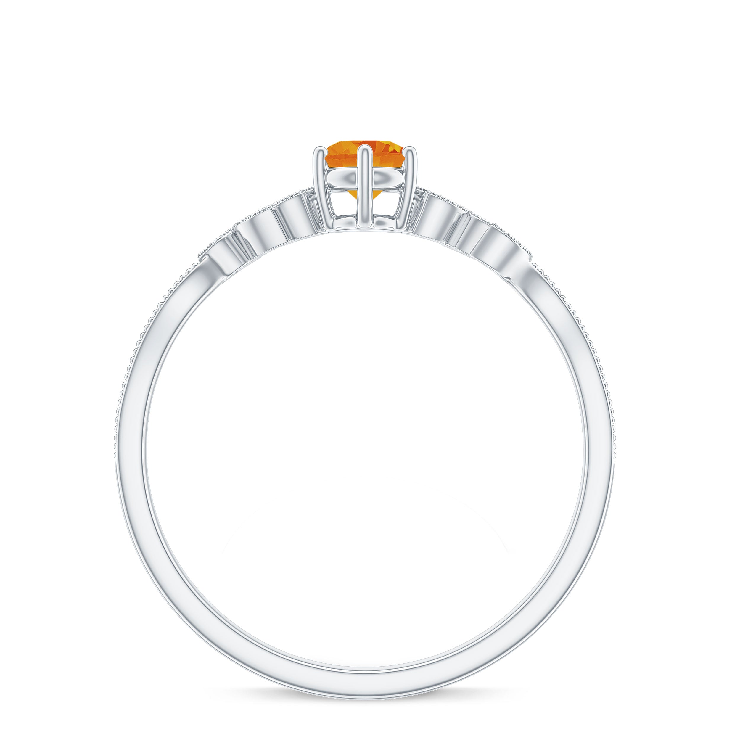 Round Orange Sapphire Minimal Leaf Promise Ring with Diamond Orange Sapphire - ( AAA ) - Quality - Rosec Jewels