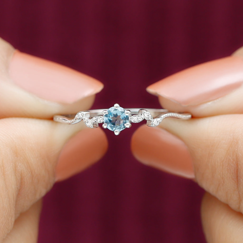 Aquamarine and Diamond Minimal Leaf Promise Ring Aquamarine - ( AAA ) - Quality - Rosec Jewels