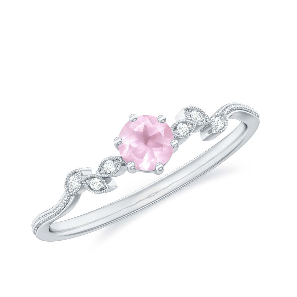Rose Quartz and Diamond Leaf Promise Ring with Beaded Detailing Rose Quartz - ( AAA ) - Quality - Rosec Jewels
