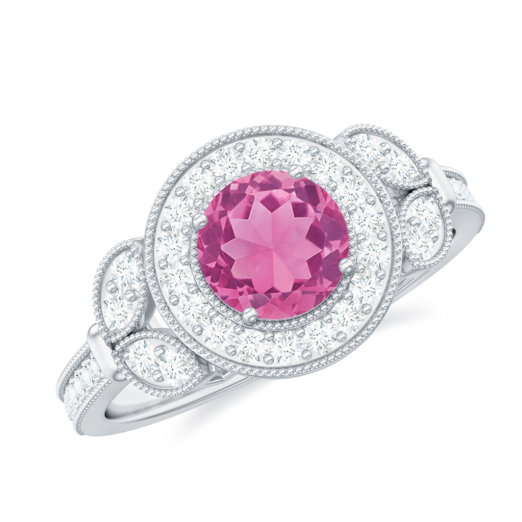 Pink Tourmaline Vintage Style Engagement Ring with Diamond Pink Tourmaline - ( AAA ) - Quality - Rosec Jewels
