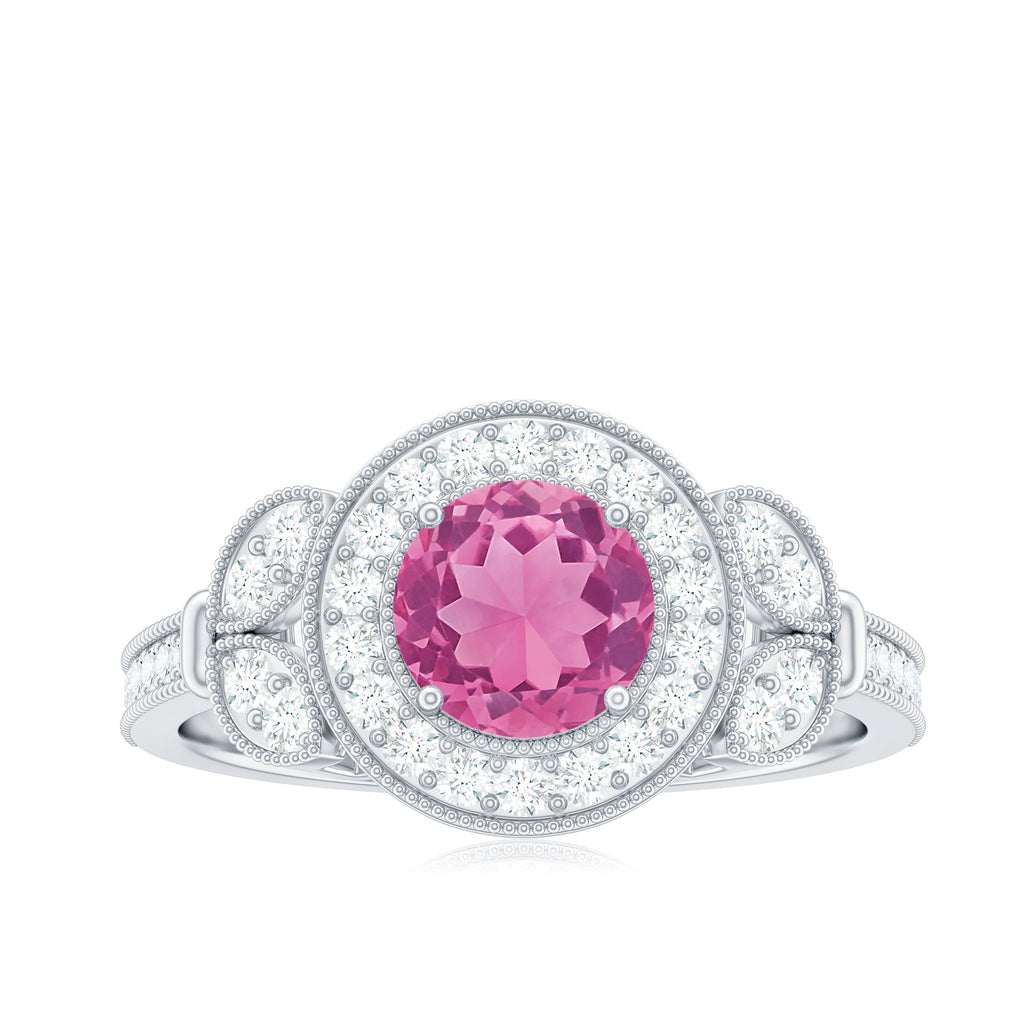 Pink Tourmaline Vintage Style Engagement Ring with Diamond Pink Tourmaline - ( AAA ) - Quality - Rosec Jewels