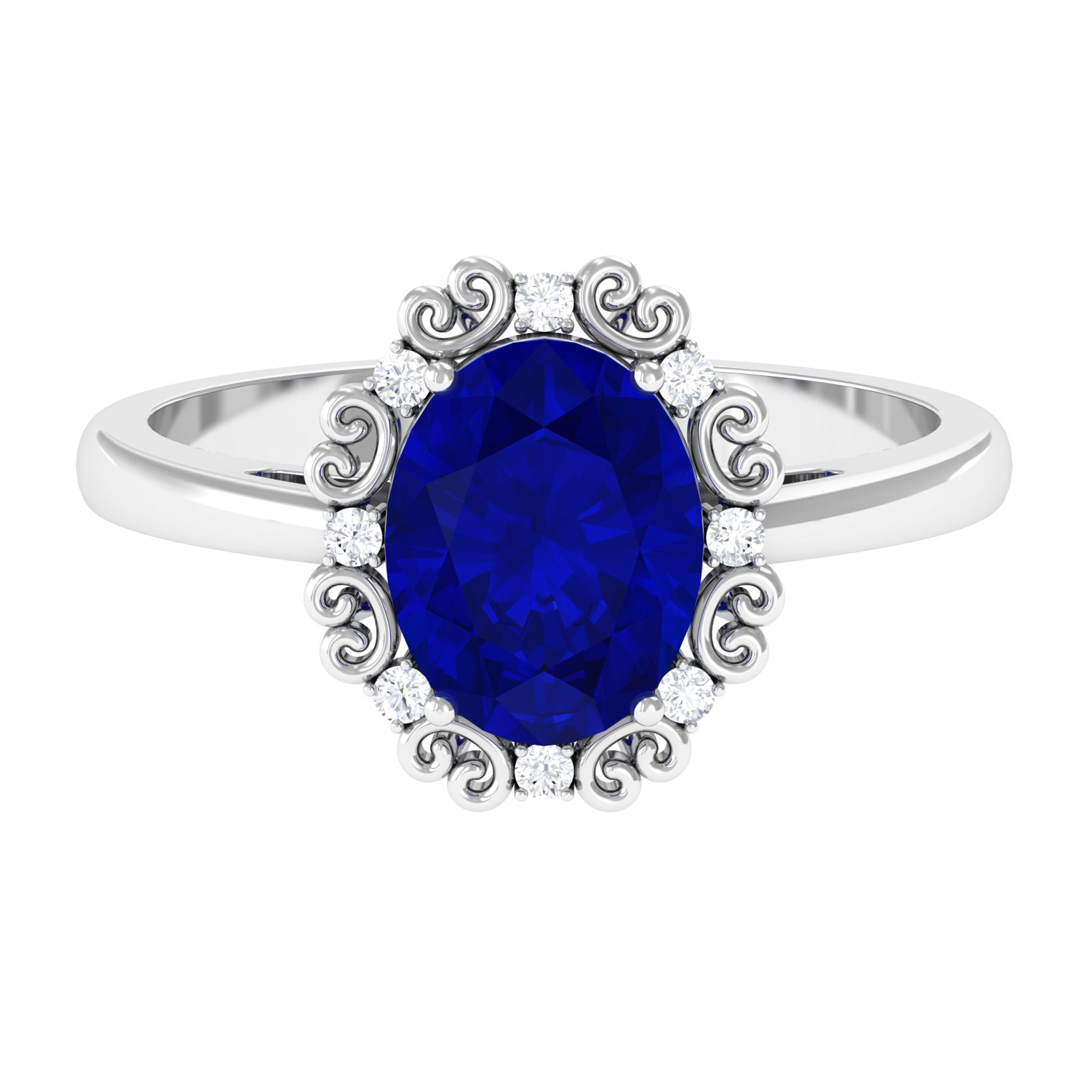4 CT Vintage Inspired Created Blue Sapphire Engagement Ring with Diamond Lab Created Blue Sapphire - ( AAAA ) - Quality - Rosec Jewels