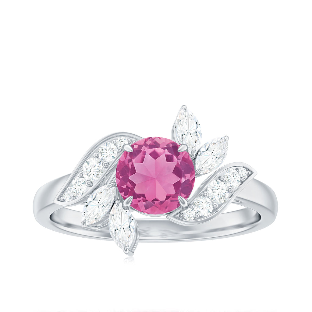 Pink Tourmaline Flower Engagement Ring with Moissanite Pink Tourmaline - ( AAA ) - Quality - Rosec Jewels