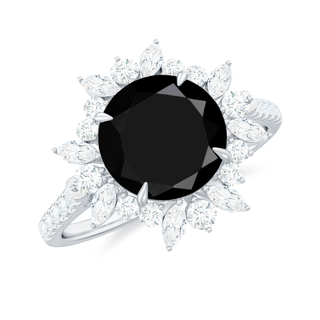 Round Black Spinel Statement Ring with Moissanite Floral Halo Black Spinel - ( AAA ) - Quality - Rosec Jewels