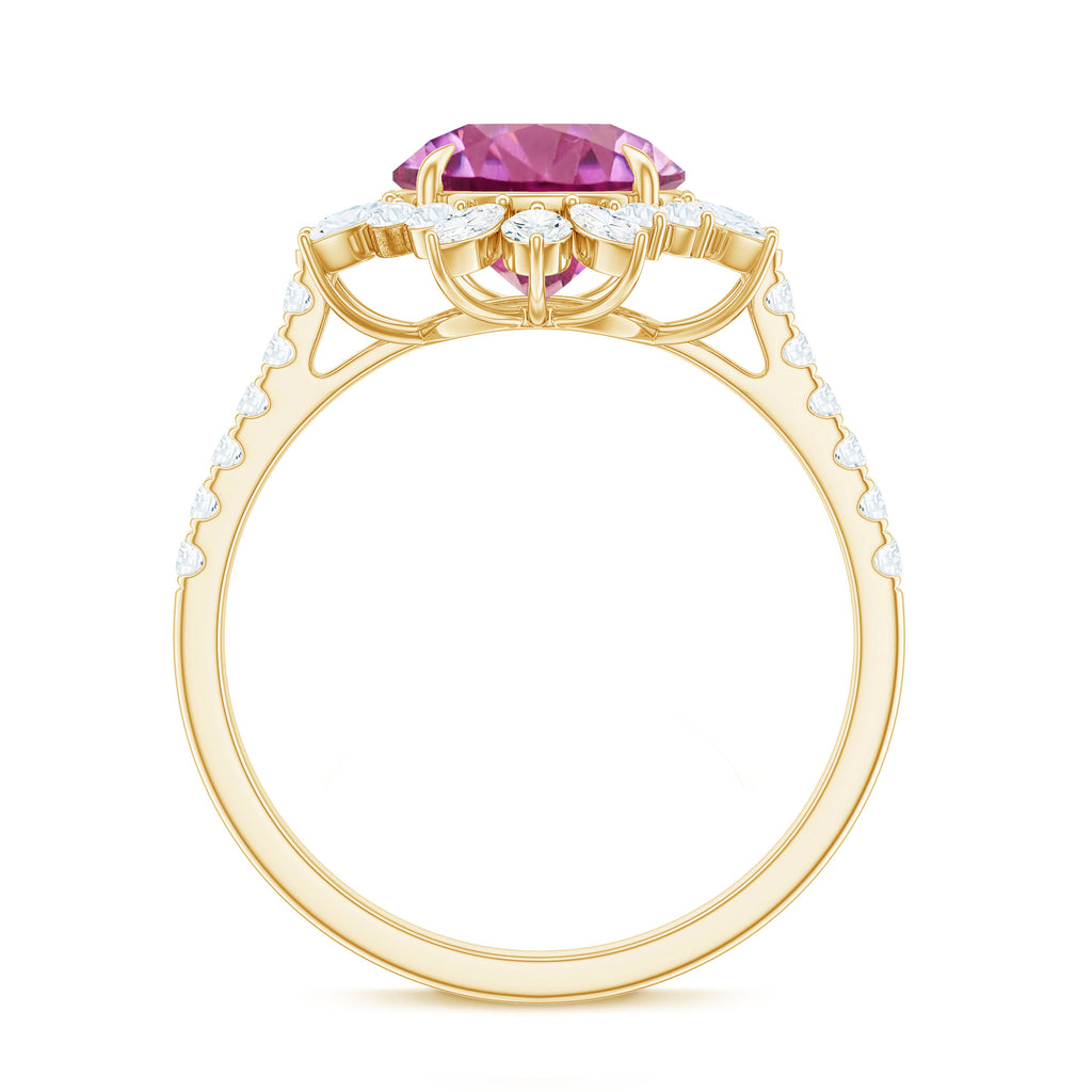 3 CT Round Pink Tourmaline Statement Ring with Moissanite Floral Halo Pink Tourmaline - ( AAA ) - Quality - Rosec Jewels