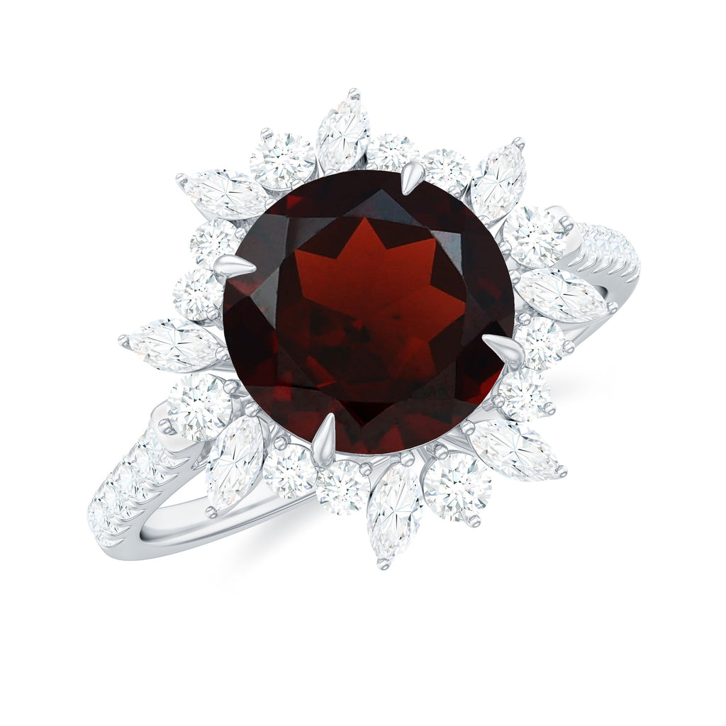 Round Garnet Statement Ring with Diamond Floral Halo Garnet - ( AAA ) - Quality - Rosec Jewels
