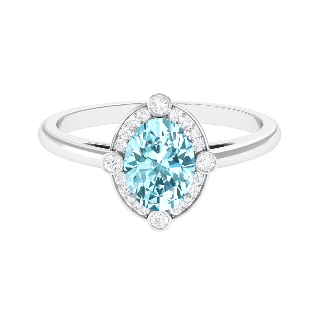Aquamarine Oval Halo Engagement Ring with Diamond Aquamarine - ( AAA ) - Quality - Rosec Jewels