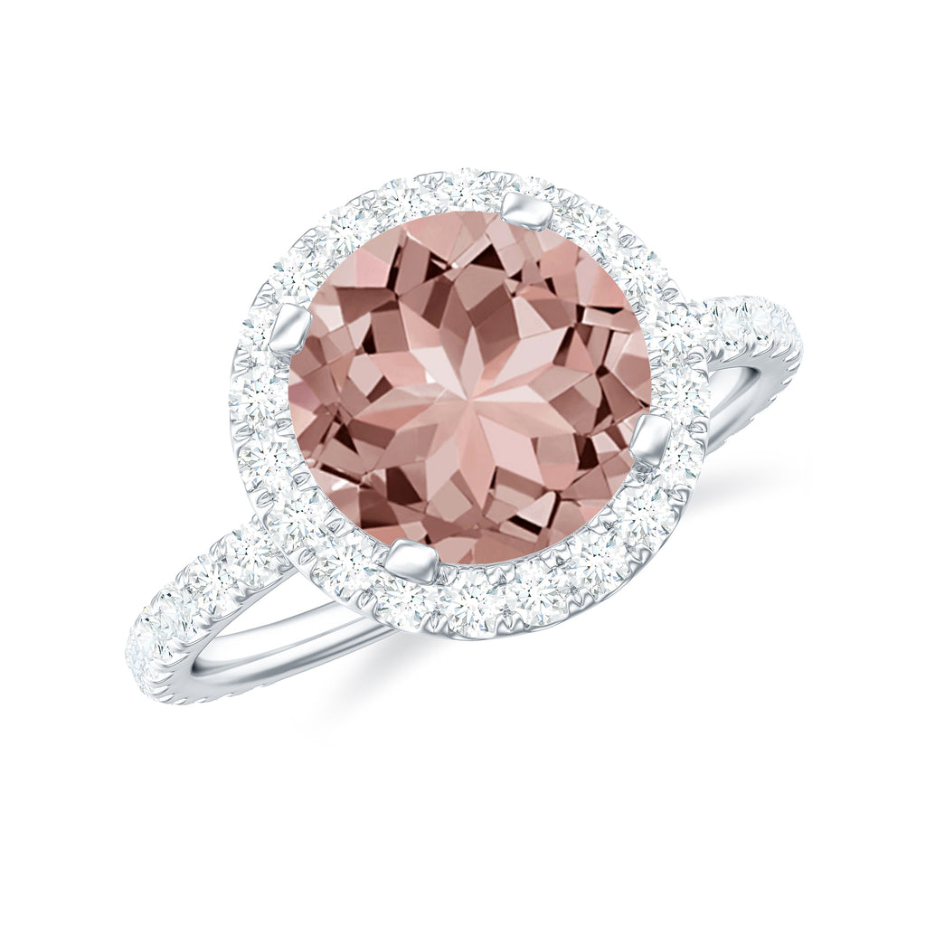 Round Morganite Halo Engagement Ring with Moissanite Morganite - ( AAA ) - Quality - Rosec Jewels