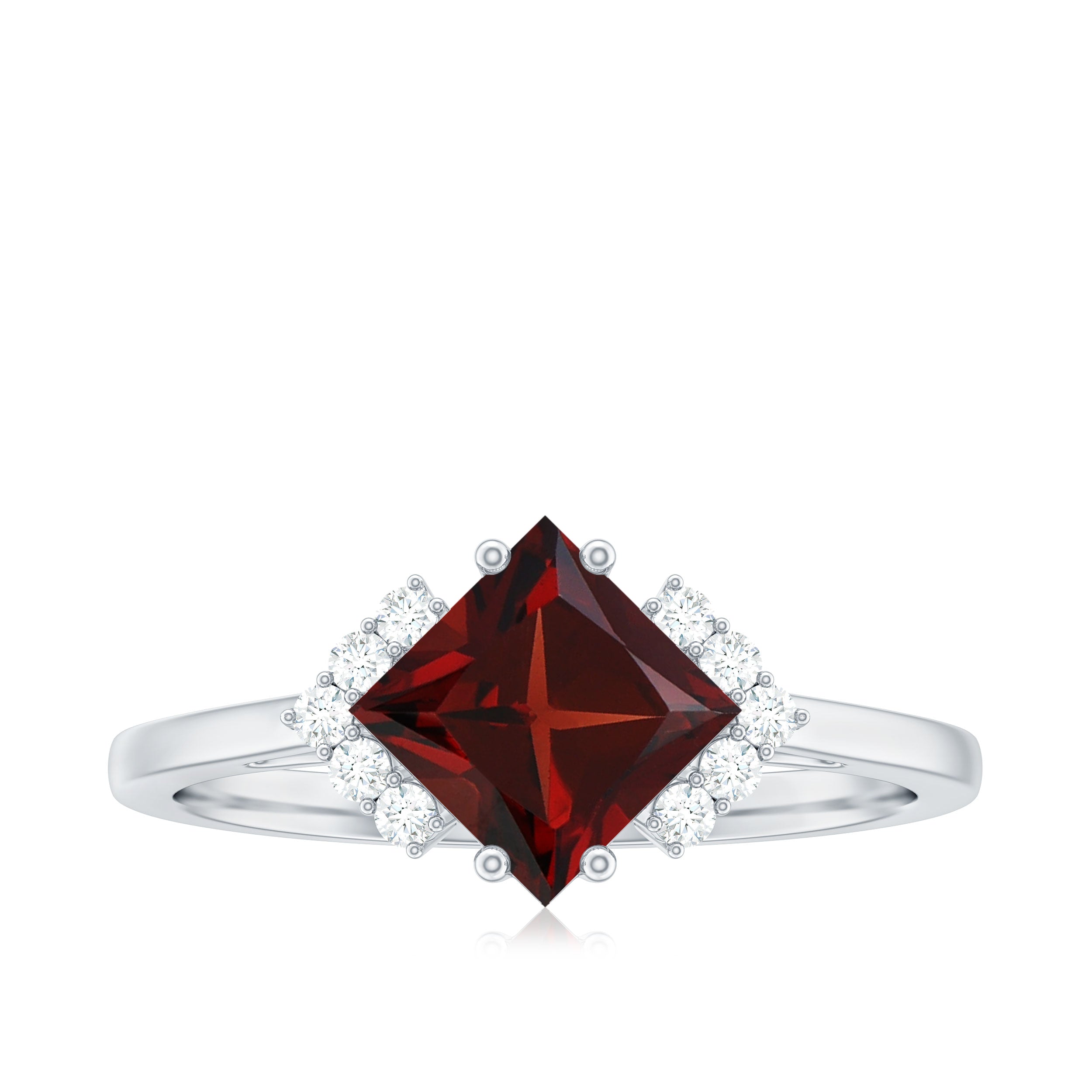 Princess Cut Garnet Engagement Ring with Diamond Accent Garnet - ( AAA ) - Quality - Rosec Jewels