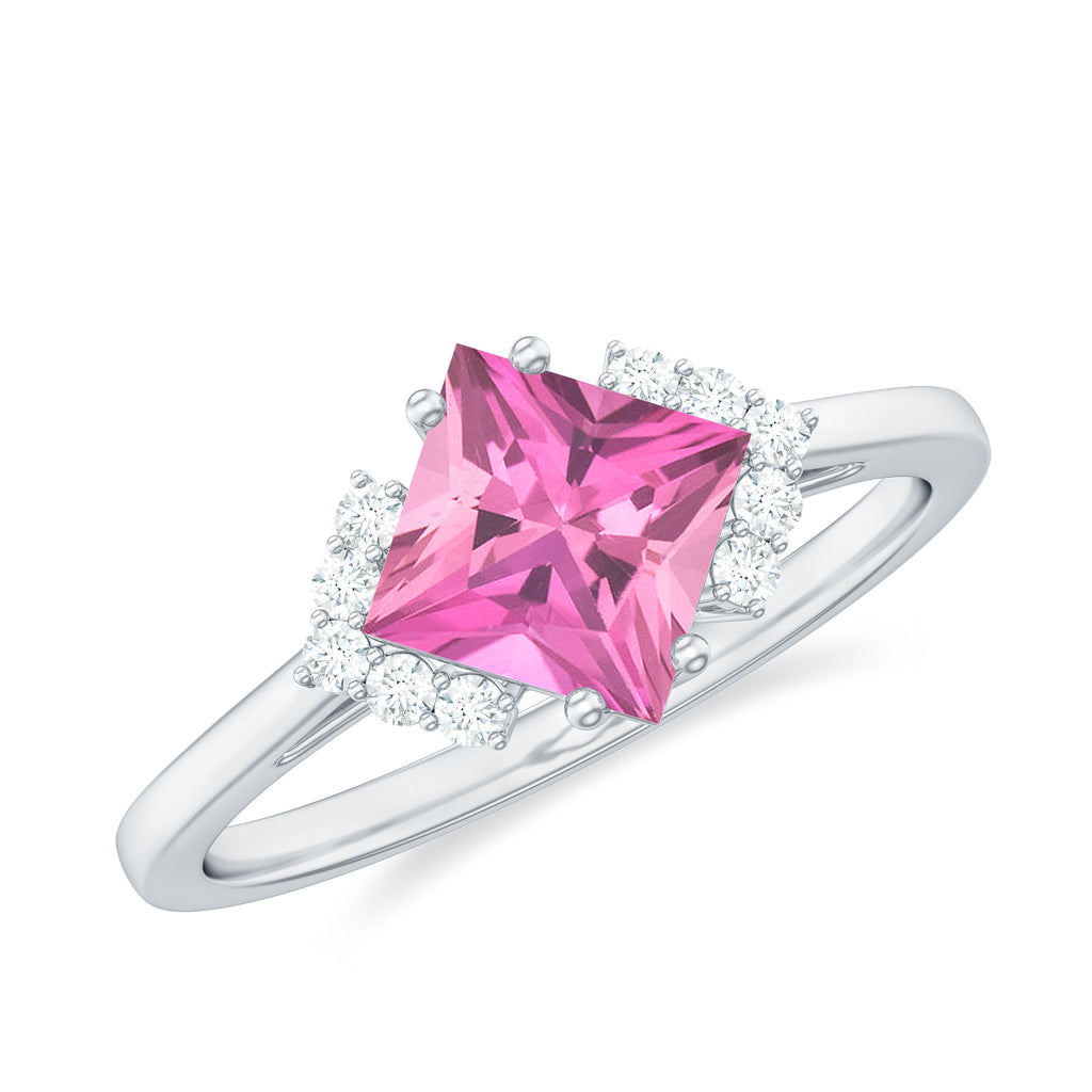 Princess Cut Pink Tourmaline Engagement Ring with Diamond Accent Pink Tourmaline - ( AAA ) - Quality - Rosec Jewels