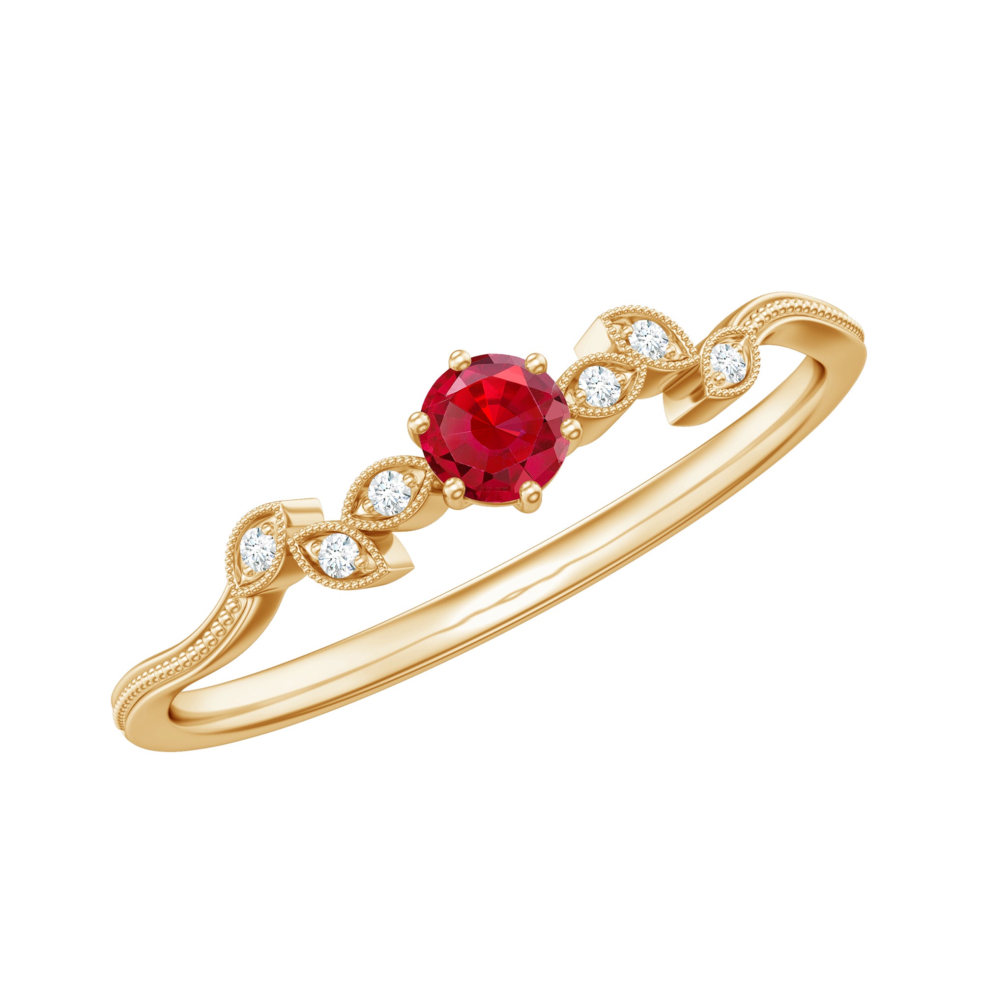 Created Ruby and Diamond Leaf Promise Ring with Beaded Gold Lab Created Ruby - ( AAAA ) - Quality - Rosec Jewels