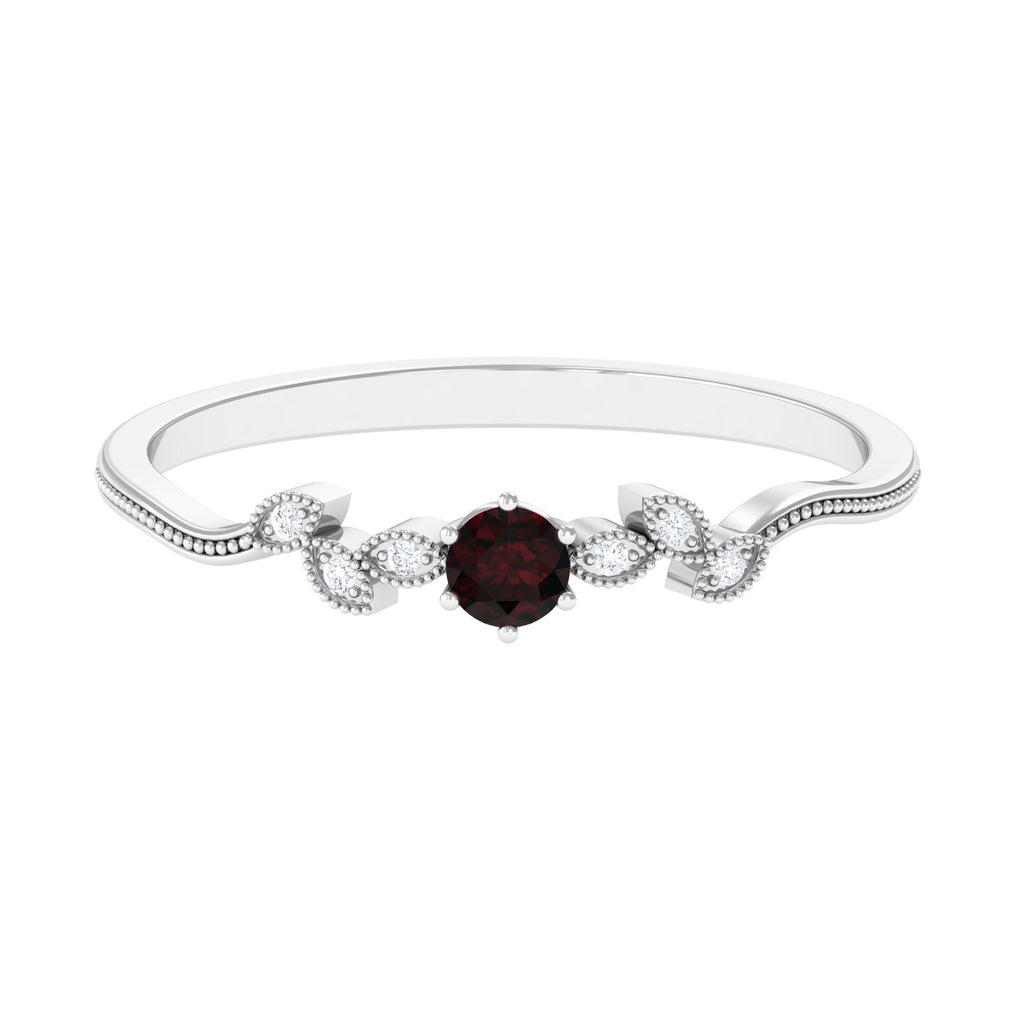 Natural Garnet Solitaire Leaf Inspired Promise Ring with Beaded Details Garnet - ( AAA ) - Quality - Rosec Jewels