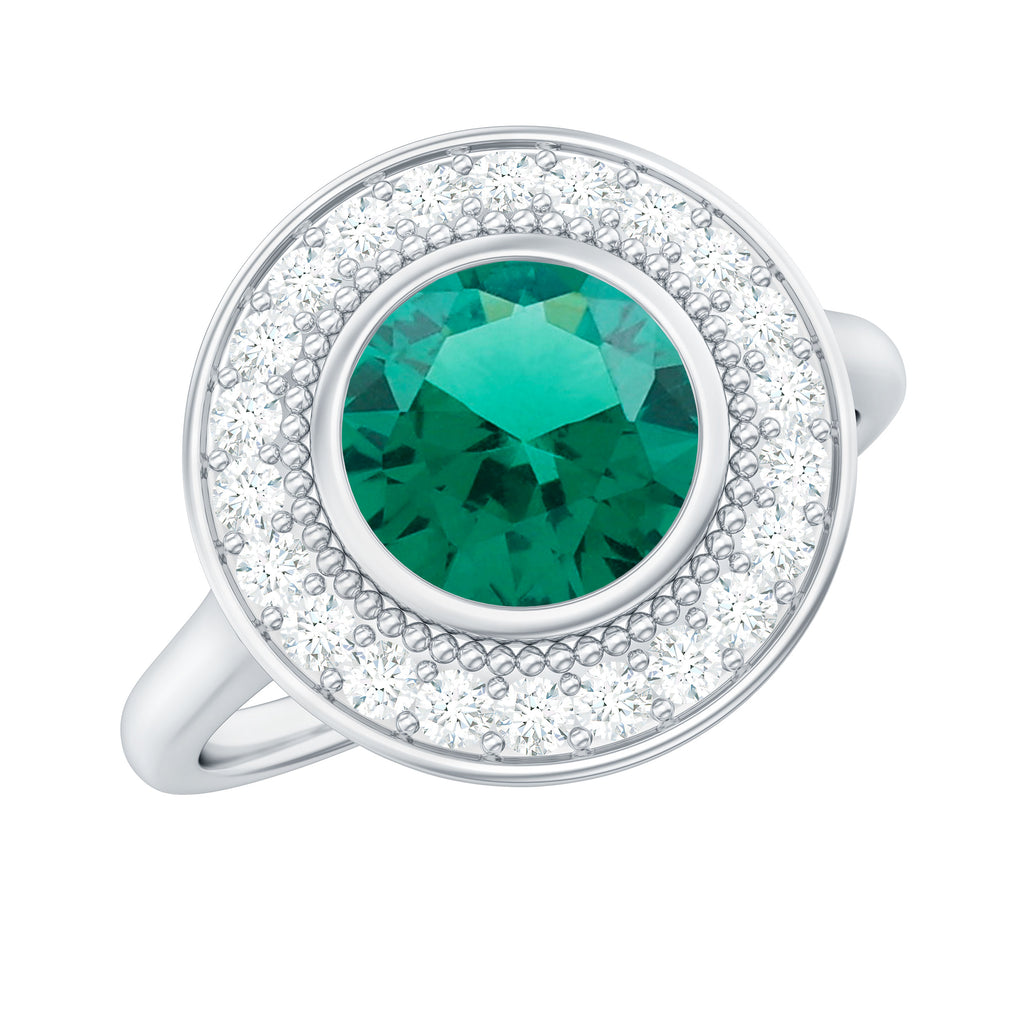 Vintage Style Lab Grown Emerald Engagement Ring With Moissanite Halo Lab Created Emerald - ( AAAA ) - Quality - Rosec Jewels