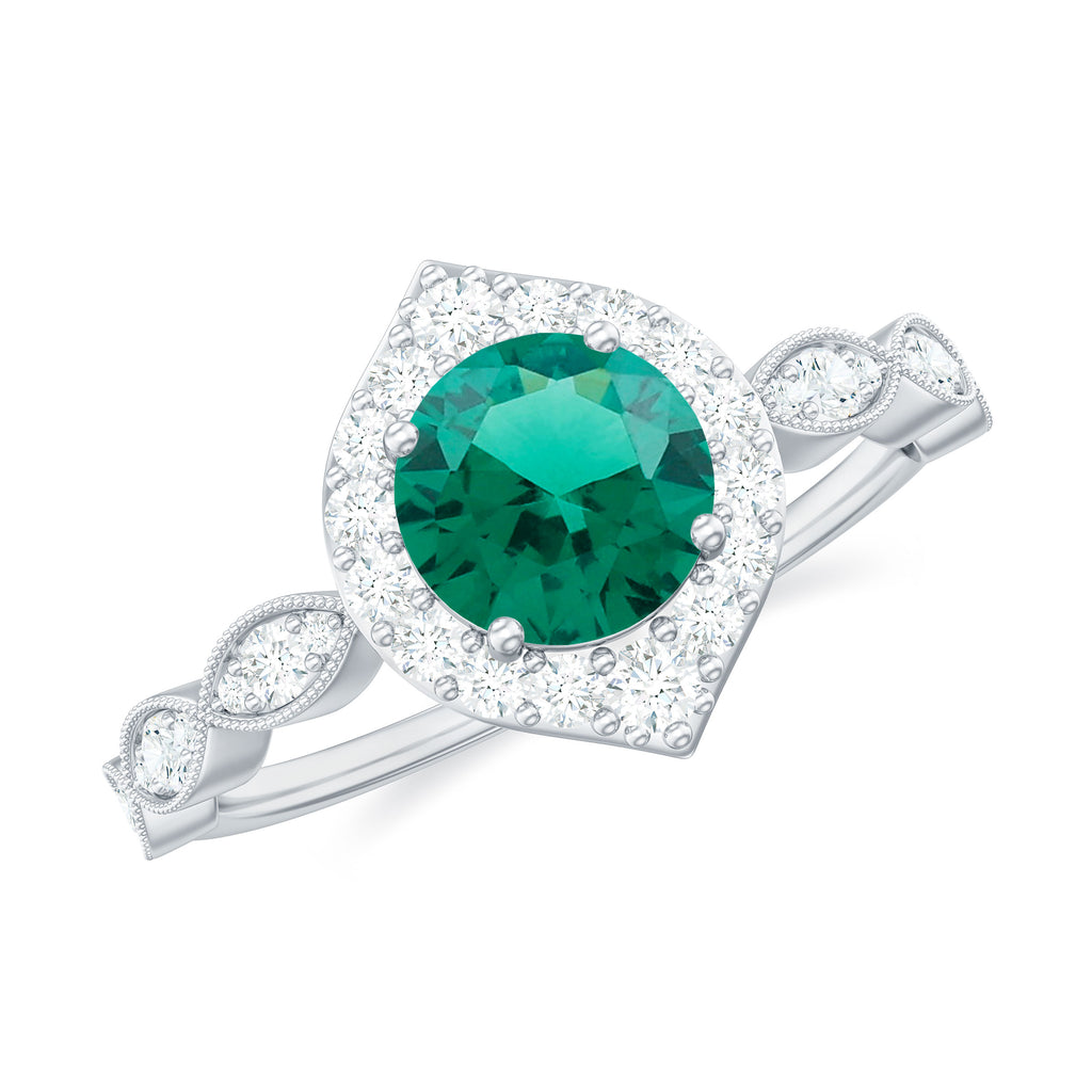 Vintage Inspired Created Emerald Engagement Ring with Diamond Lab Created Emerald - ( AAAA ) - Quality - Rosec Jewels