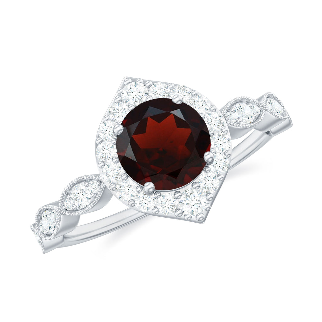 Vintage Style Garnet Engagement Ring with Diamond Accent Garnet - ( AAA ) - Quality - Rosec Jewels
