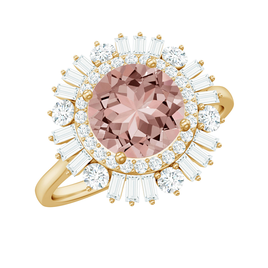 Round Morganite Cocktail Ring with Moissanite Double Halo Morganite - ( AAA ) - Quality - Rosec Jewels