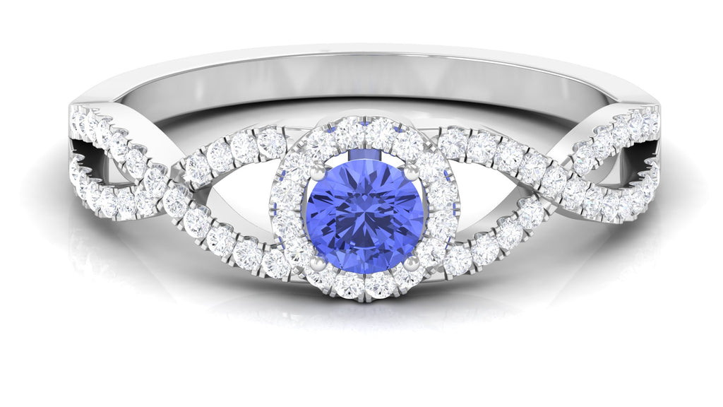 Round Tanzanite Crisscross Engagement Ring with Diamond Halo Tanzanite - ( AAA ) - Quality - Rosec Jewels