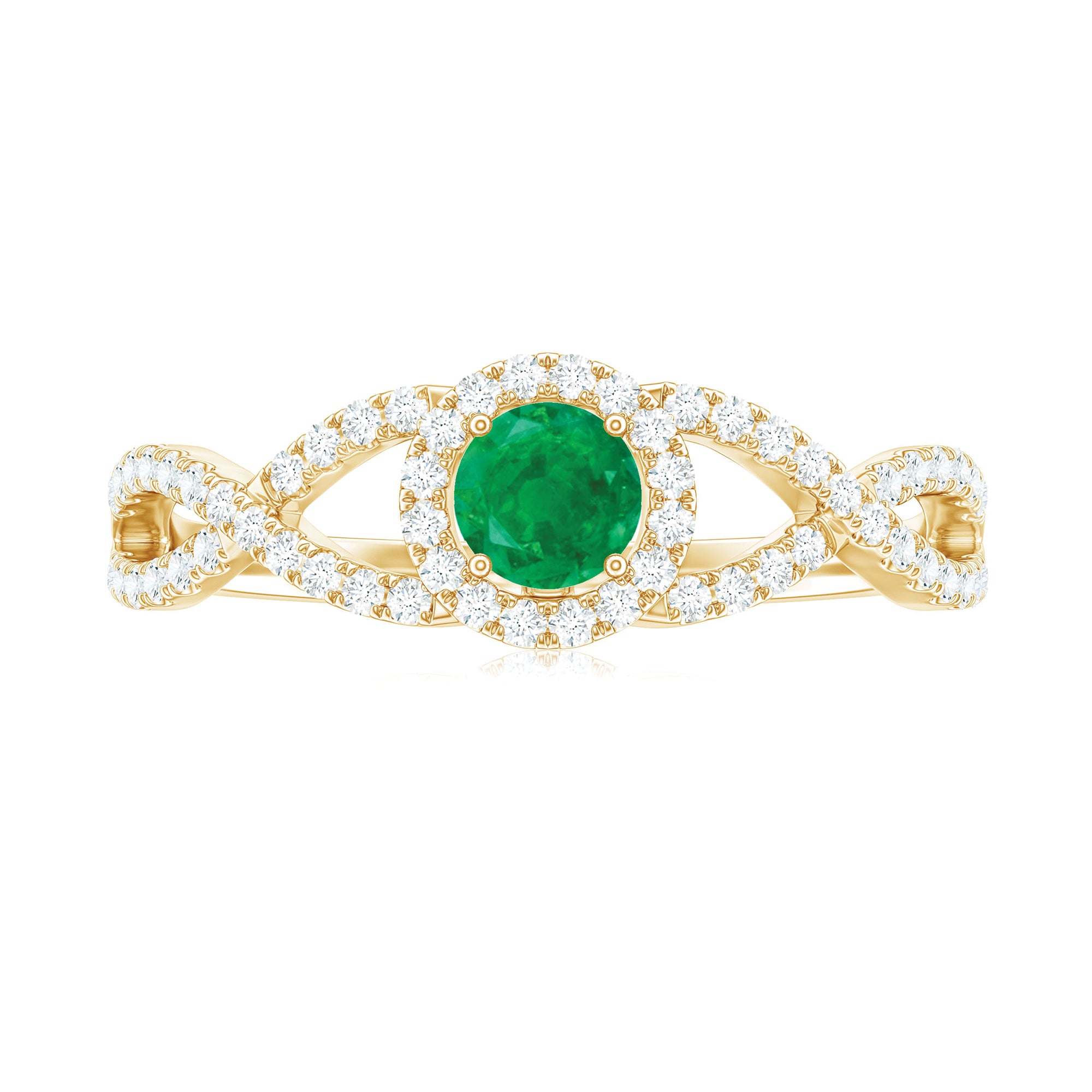 Round Emerald Crisscross Engagement Ring with Diamond Halo Emerald - ( AAA ) - Quality - Rosec Jewels