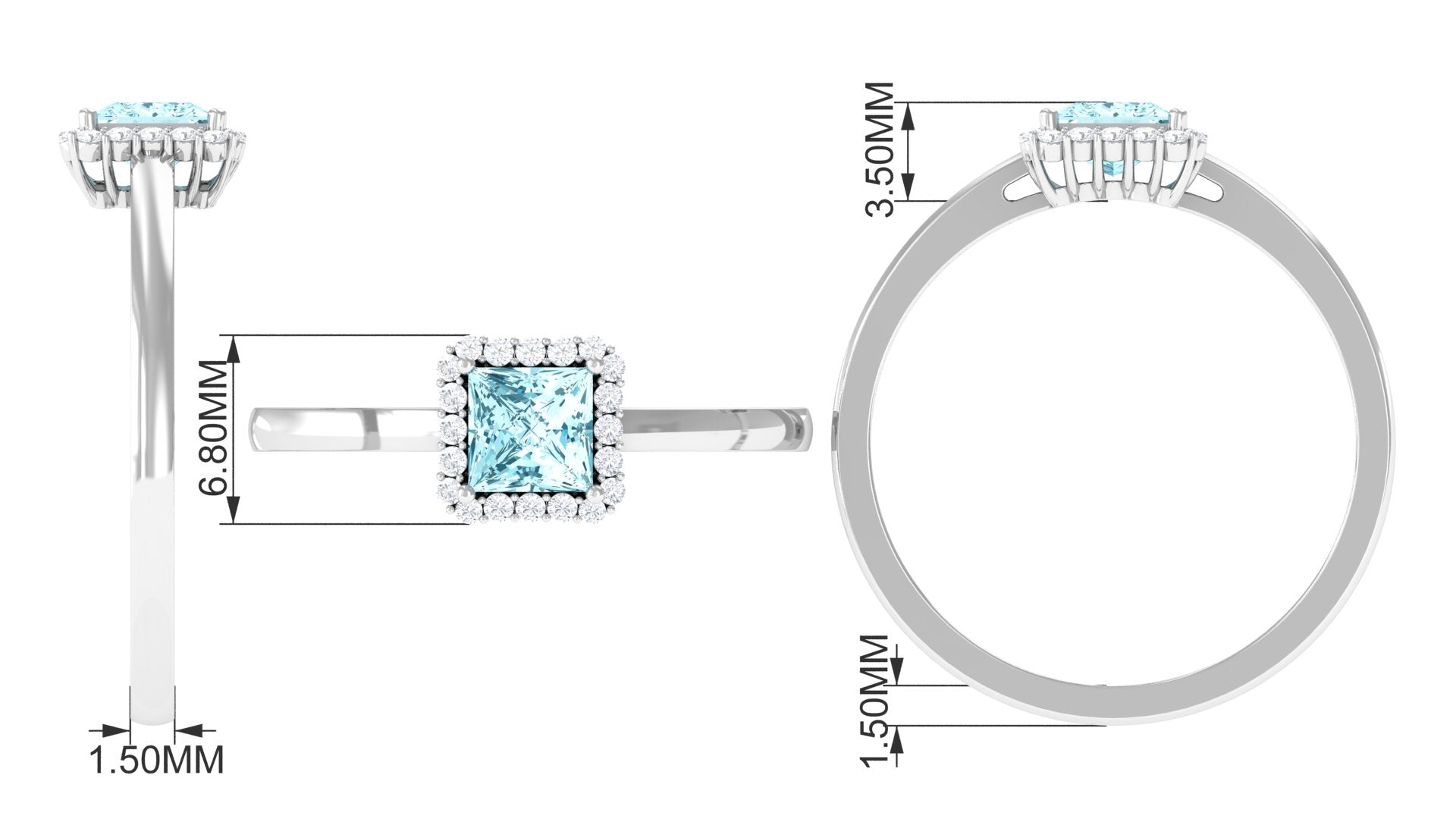 Princess Cut Aquamarine and Diamond Halo Engagement Ring Aquamarine - ( AAA ) - Quality - Rosec Jewels
