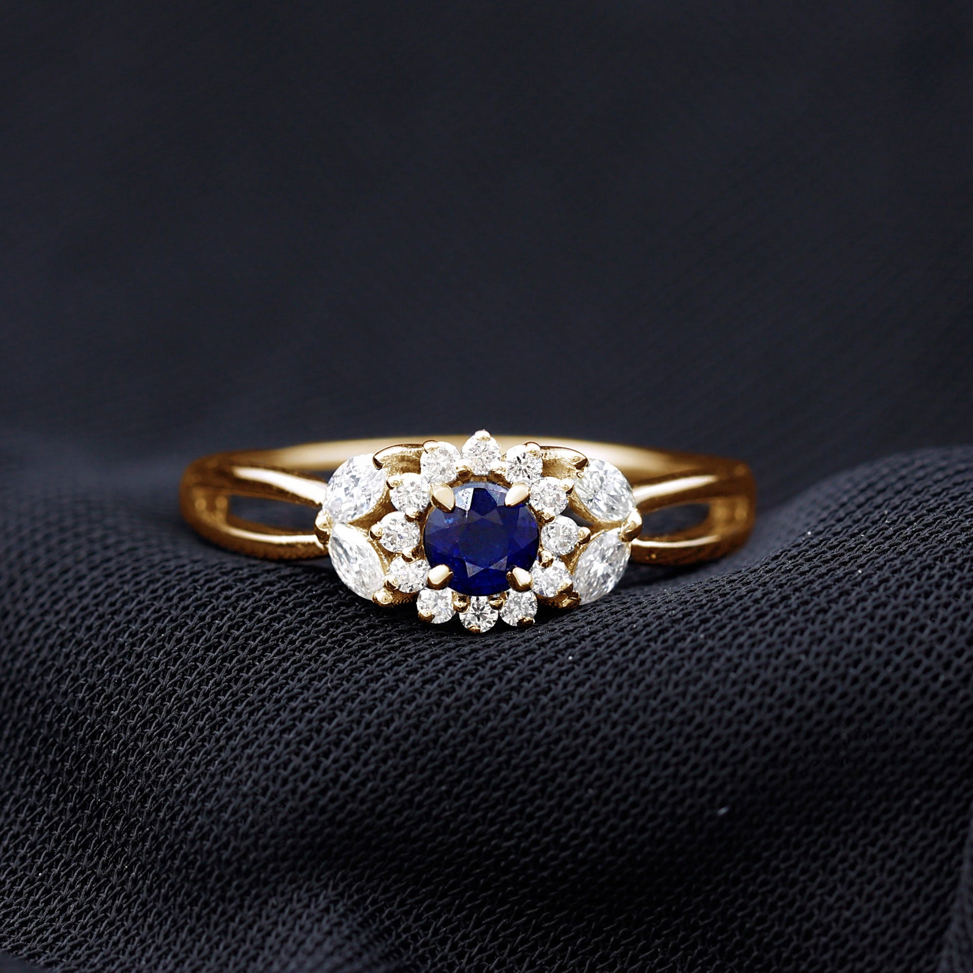 Split Shank Blue Sapphire Flower Engagement Ring with Moissanite Blue Sapphire - ( AAA ) - Quality - Rosec Jewels