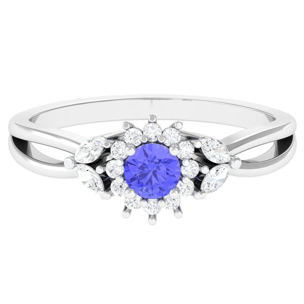 Split Shank Tanzanite Flower Engagement Ring with Diamond Tanzanite - ( AAA ) - Quality - Rosec Jewels