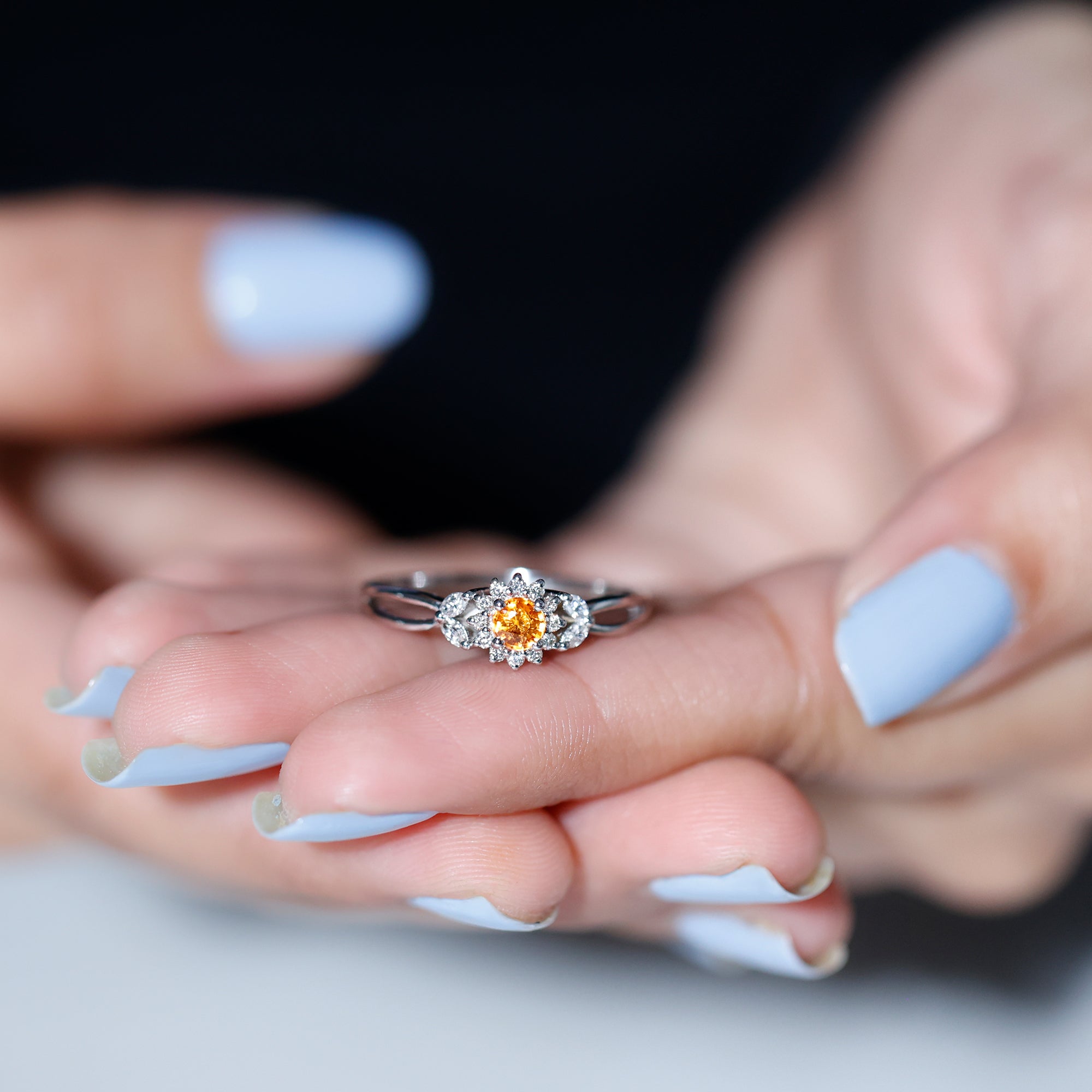 Split Shank Orange Sapphire Flower Engagement Ring with Diamond Orange Sapphire - ( AAA ) - Quality - Rosec Jewels