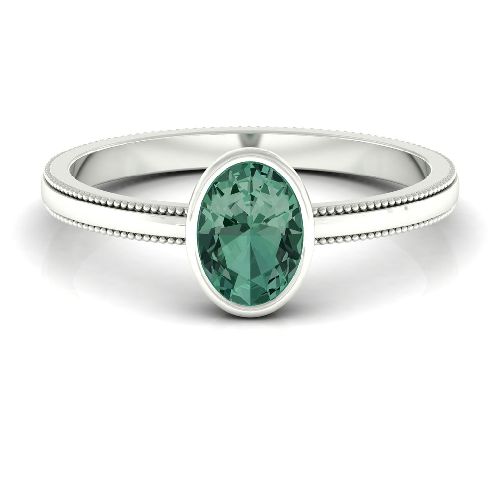 Bezel Set Oval Green Sapphire Solitaire Ring with Beaded Detailing Green Sapphire - ( AAA ) - Quality - Rosec Jewels